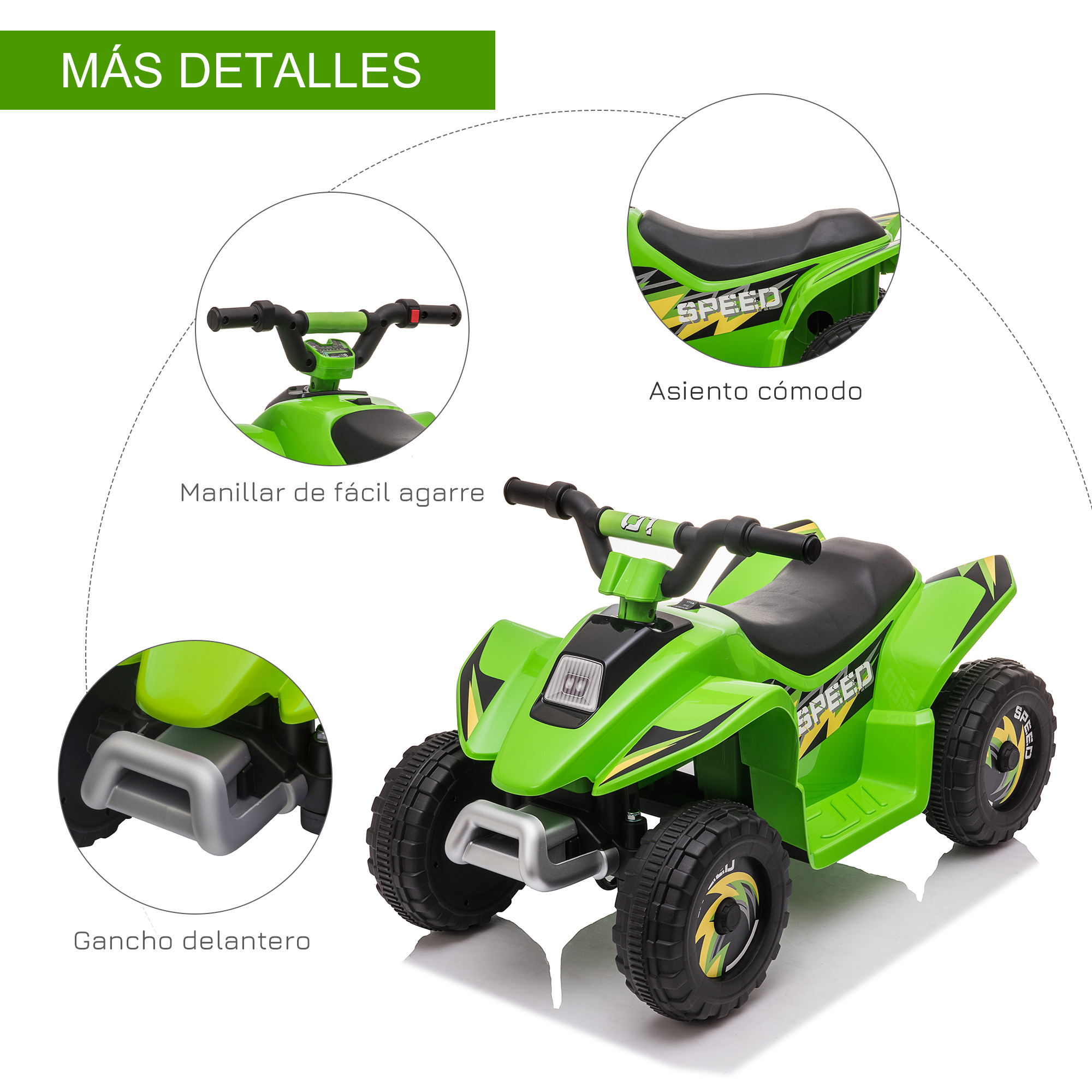 ATV de juguete verde con características destacadas, incluyendo manijas, asiento cómodo y gancho delantero.