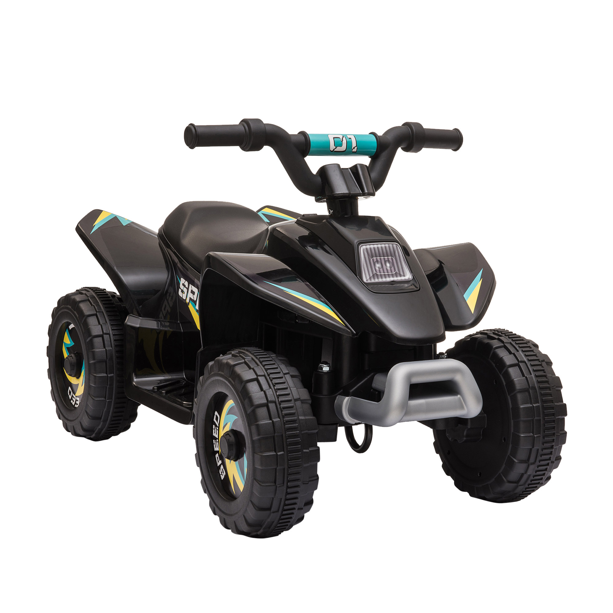 Un veicolo giocattolo ATV nero con accenti gialli e blu, isolato su sfondo bianco.
