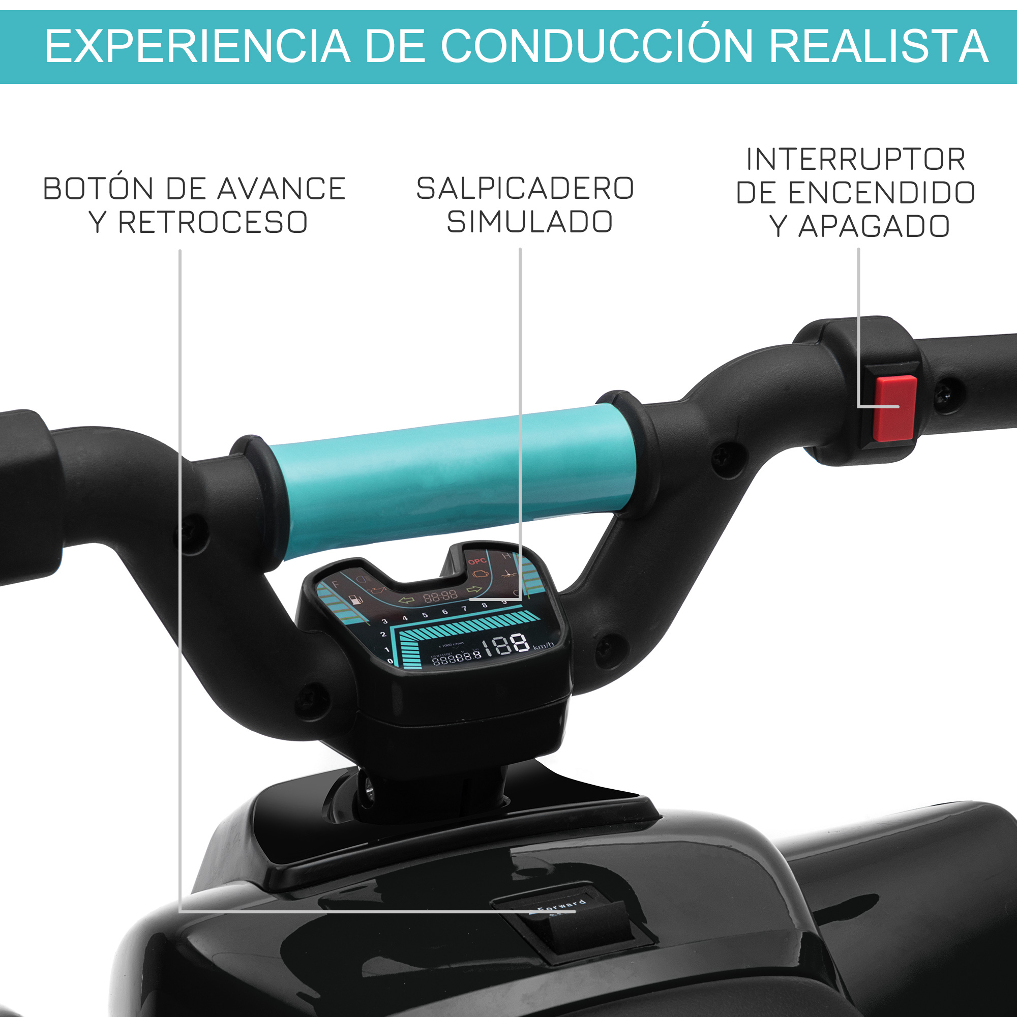 Manillar de ATV negro con controles de tablero simulados. Incluye velocímetro y botones de control.