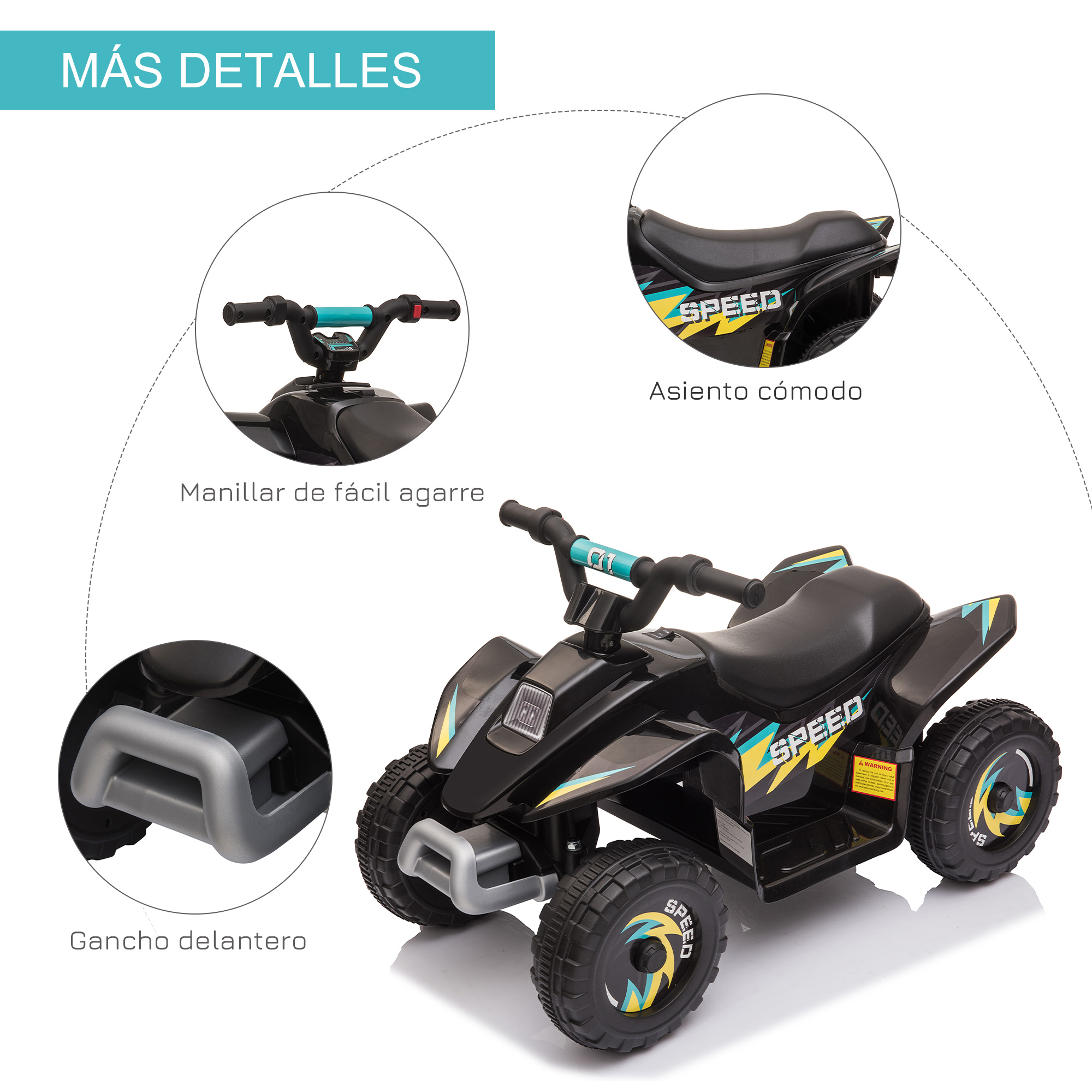 ATV de juguete negro con manillar azul, detalles amarillos y etiquetas. Fondo blanco.