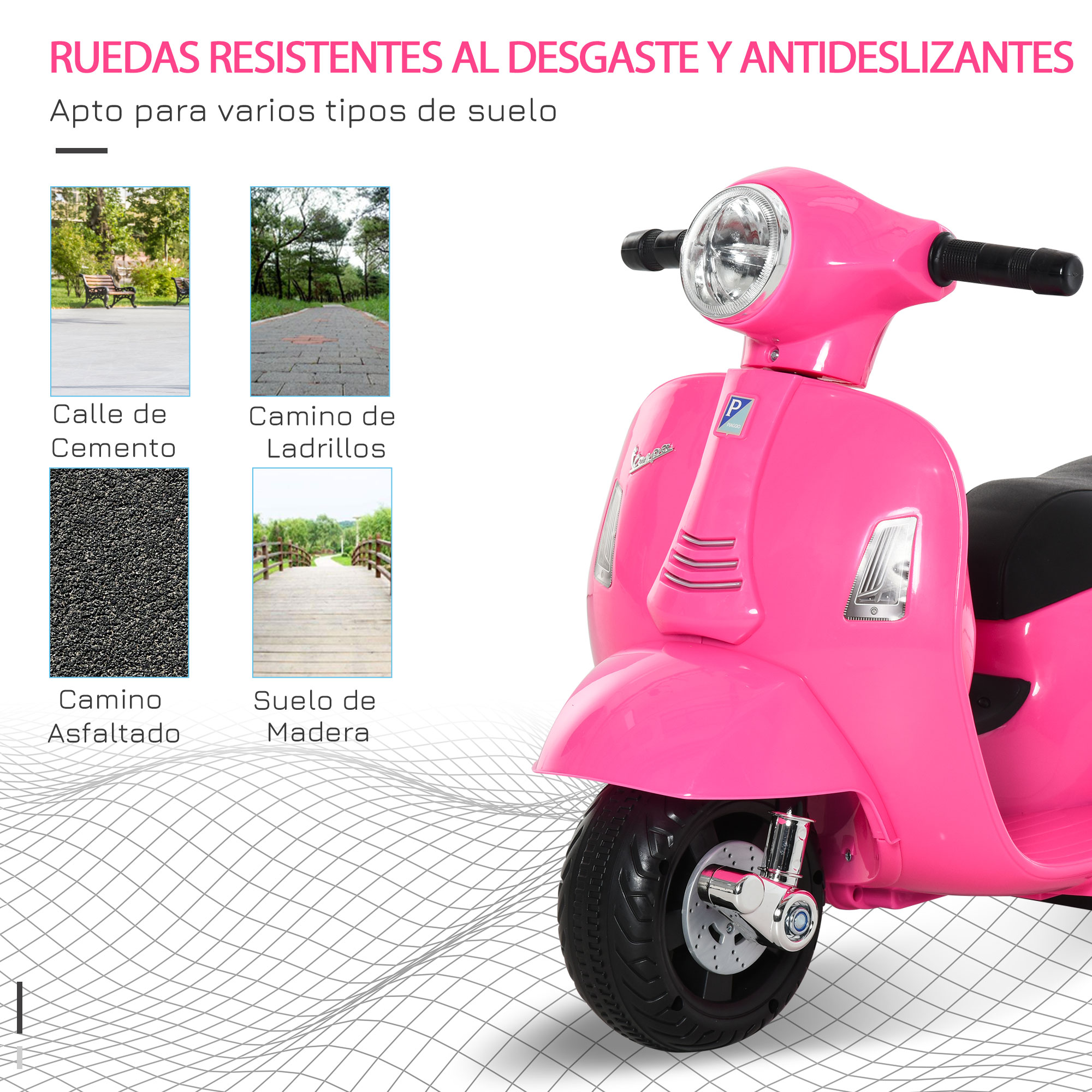 Scooter eléctrico rosa con faro y neumático negro. El scooter está sobre un fondo blanco.