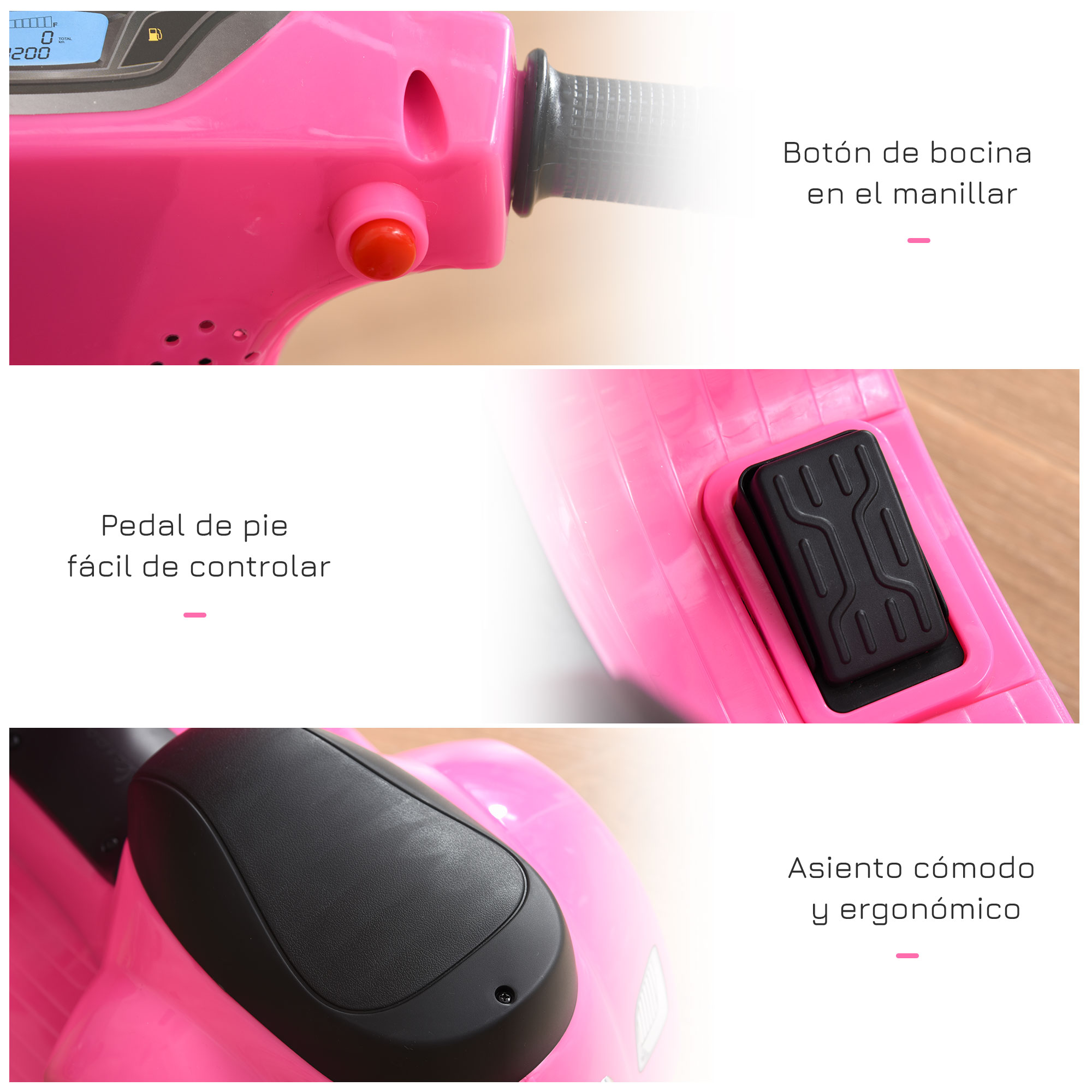 Primer plano de vehículo de juguete rosa con etiquetas. Muestra bocina, pedal y asiento.