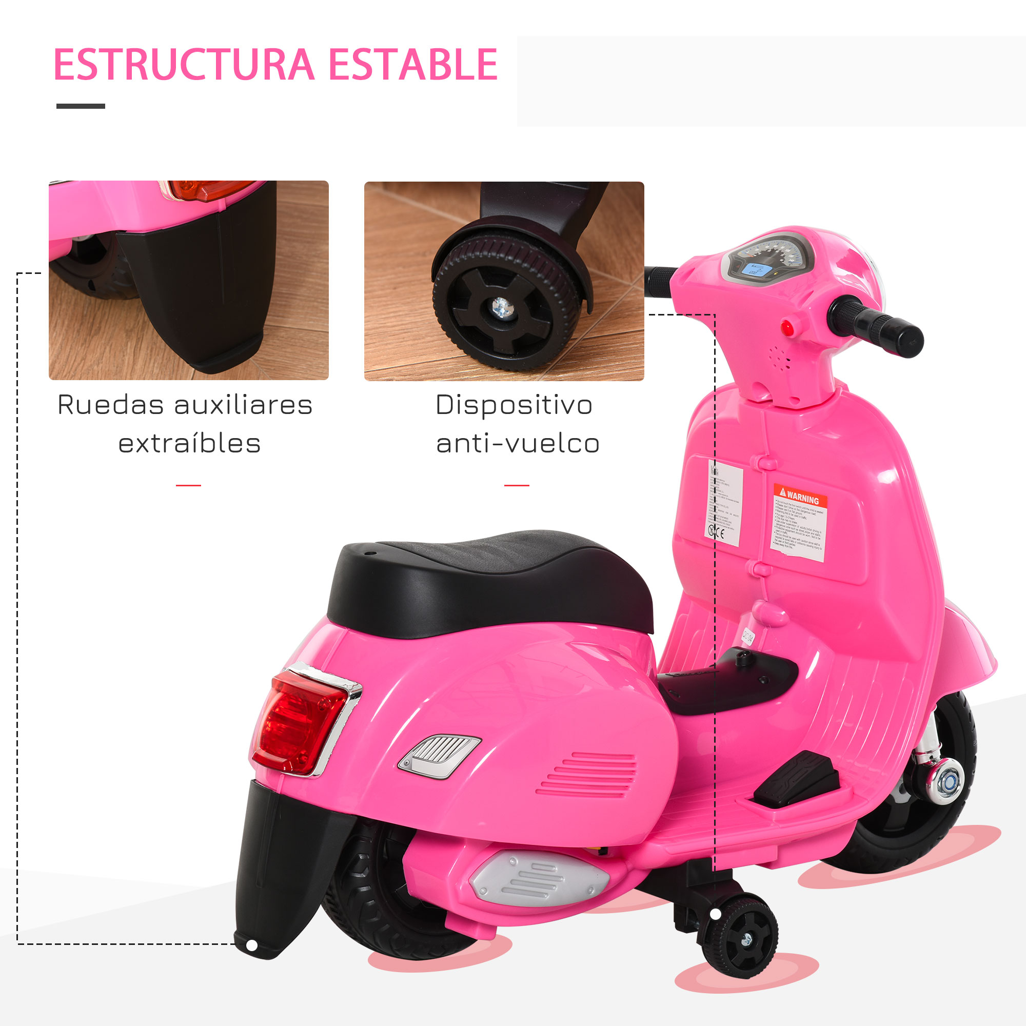 Scooter de juguete rosa con asiento y ruedas negras.