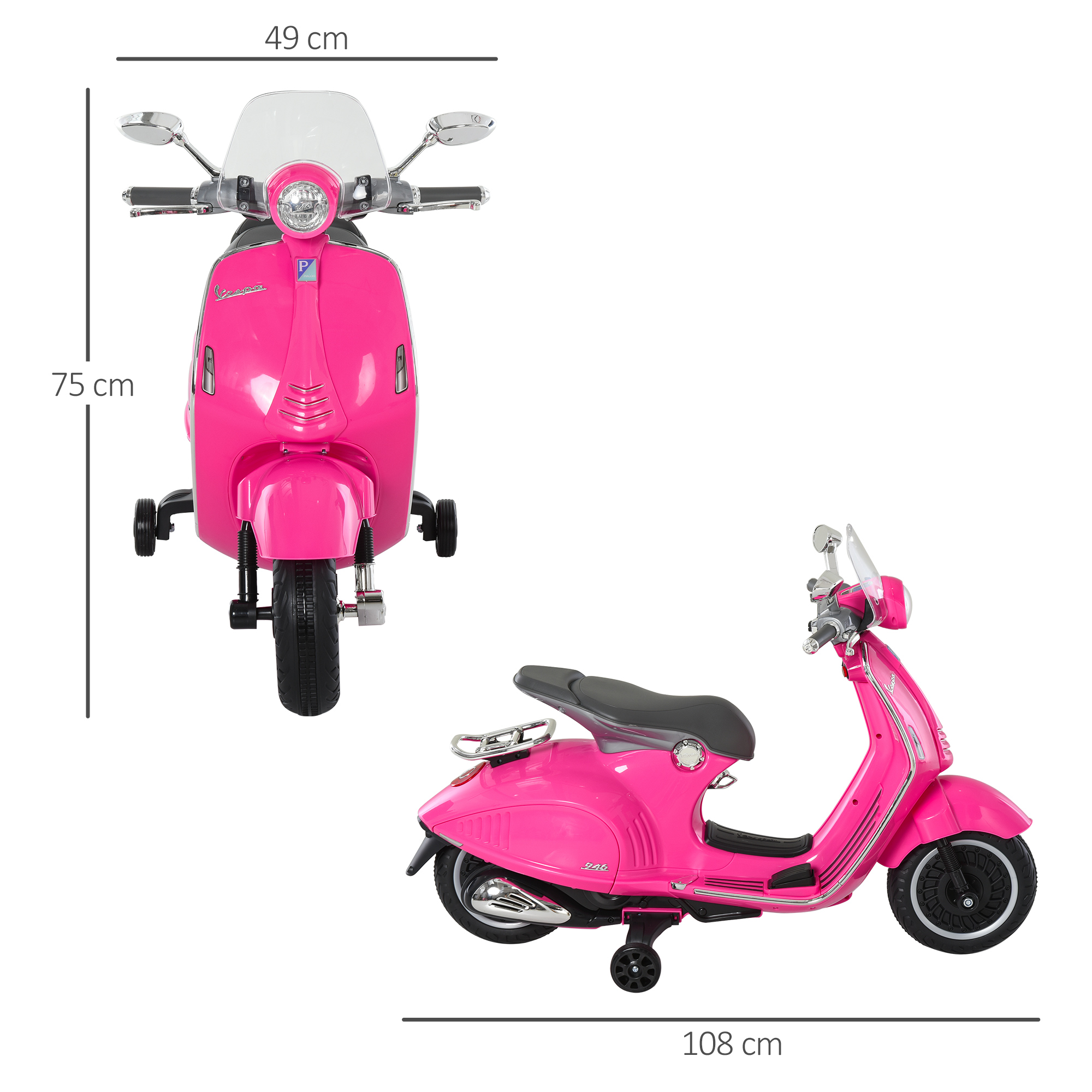 Scooter Vespa giocattolo rosa con dimensioni etichettate, visto da più angolazioni.