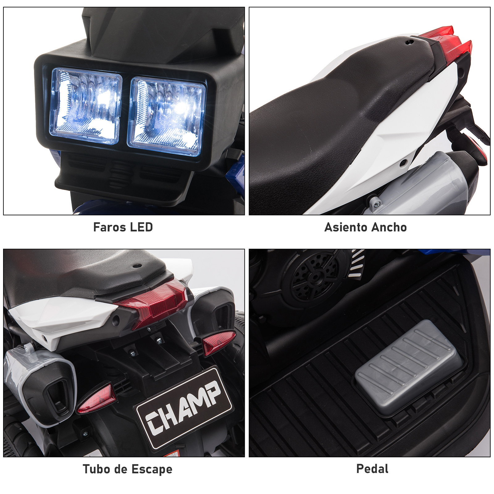 Primeros planos de una moto de juguete, con faros LED, asiento, escape y reposapiés.