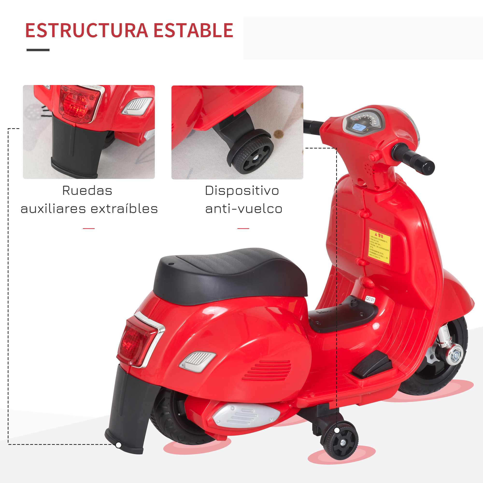Un scooter de juguete rojo con texto en español. Fondo blanco.