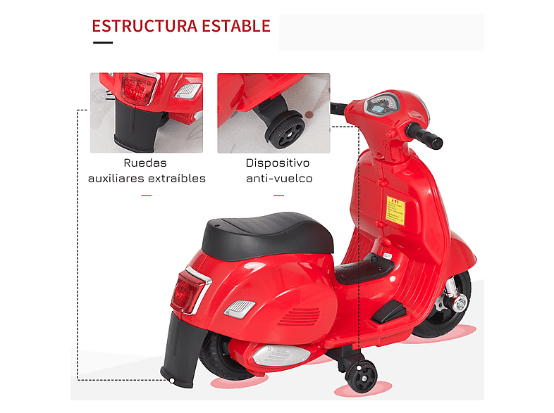 Moto Eléctrica Vespa Para Niños De 18 A 36 Meses – Batería 6V Con Faro, Bocina Y 4 Ruedas, Velocidad Máxima 3 Km/h
