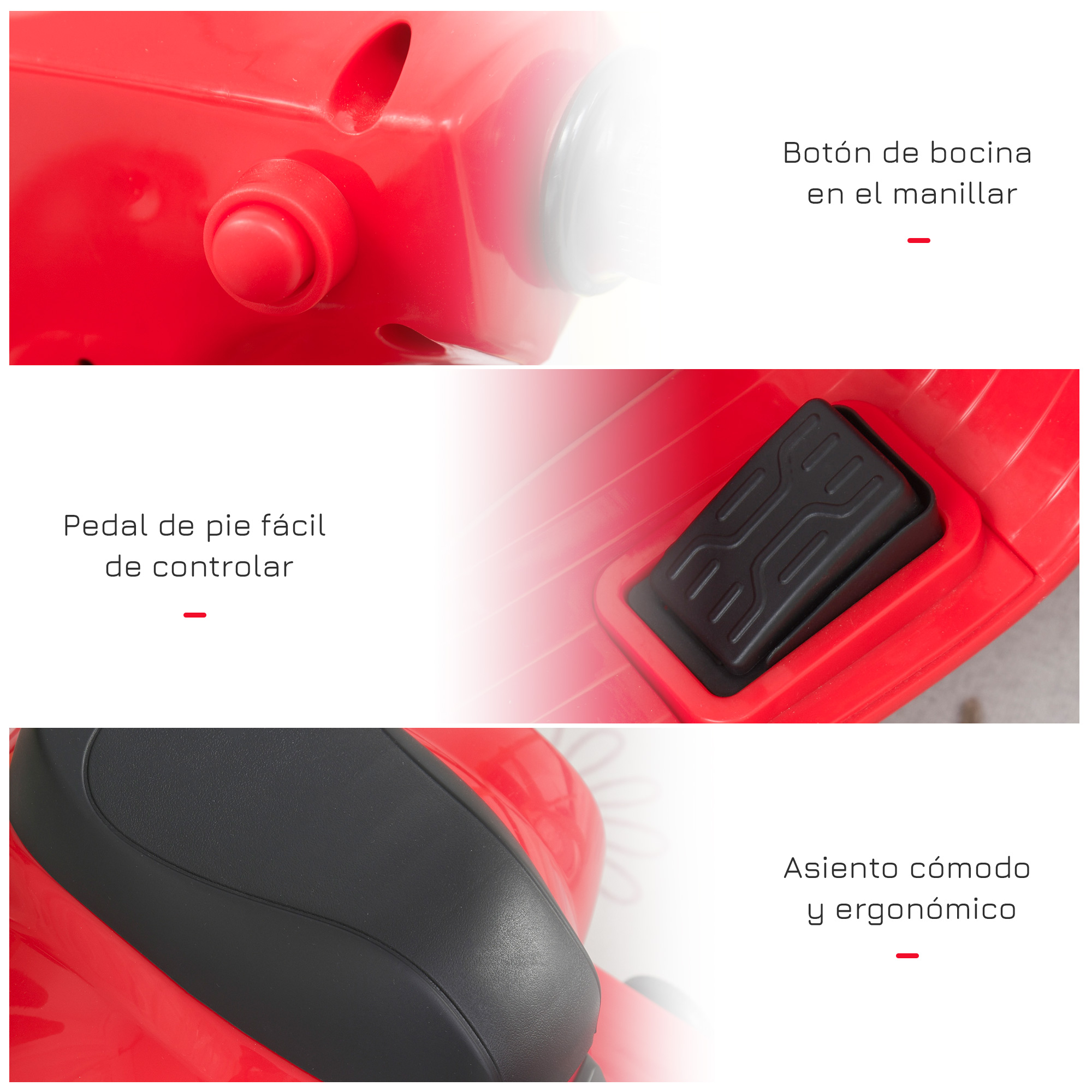 Primer plano de un coche de juguete rojo con detalles de control: botón de bocina, pedal y asiento.