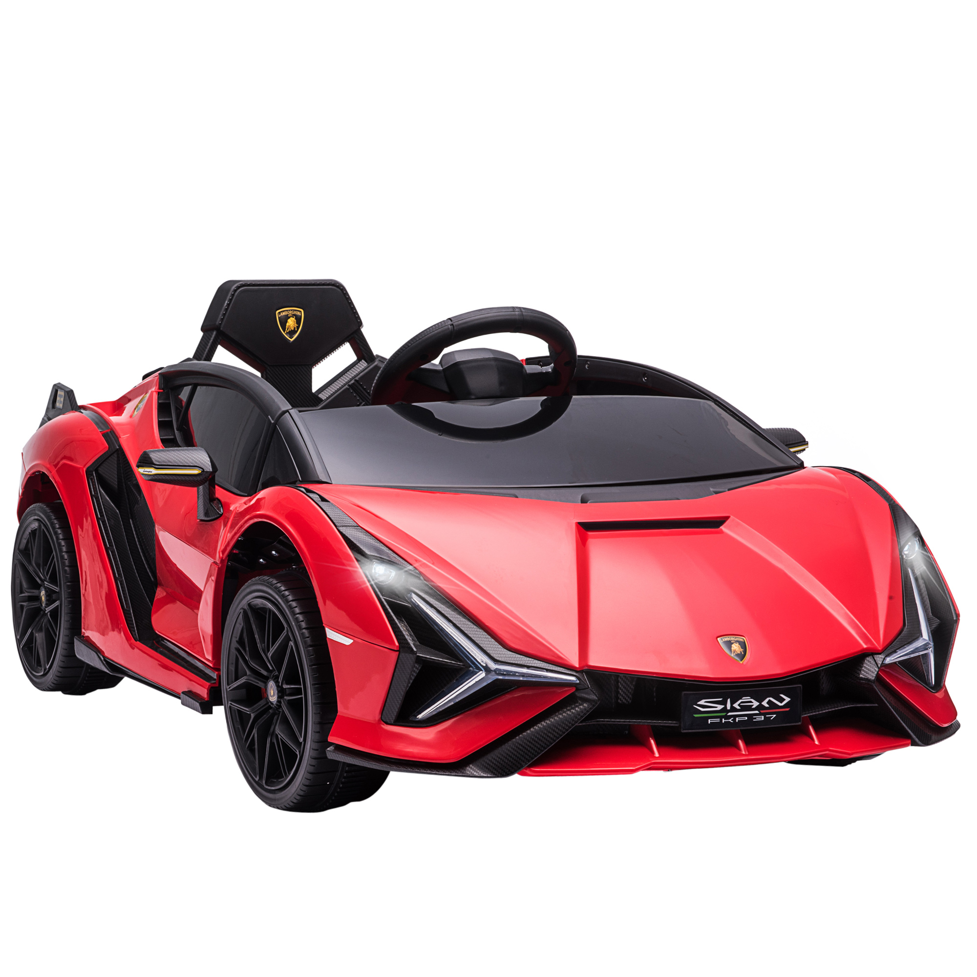 Macchina giocattolo Lamborghini Sián rossa. Ruote nere. Logo Lamborghini. Sedile nero.