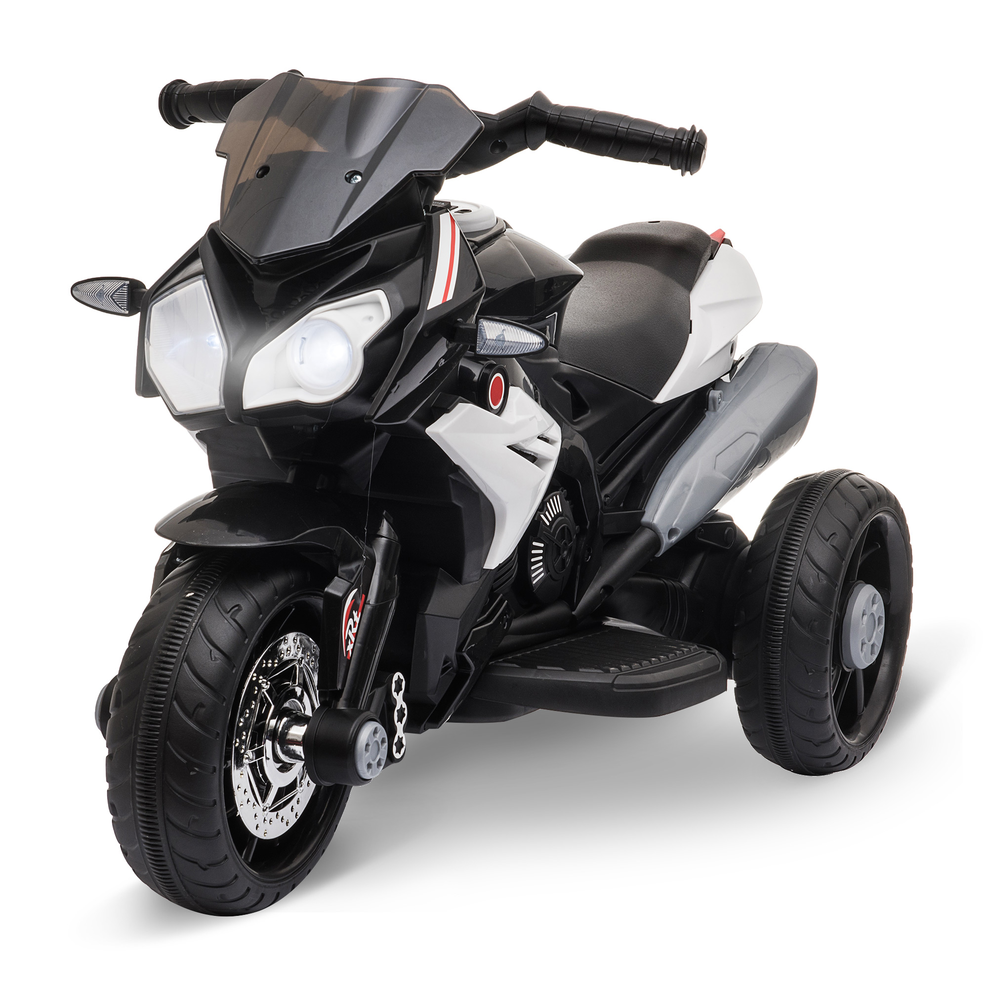 Motocicletta giocattolo bianca e nera con tre ruote. Sfondo bianco.