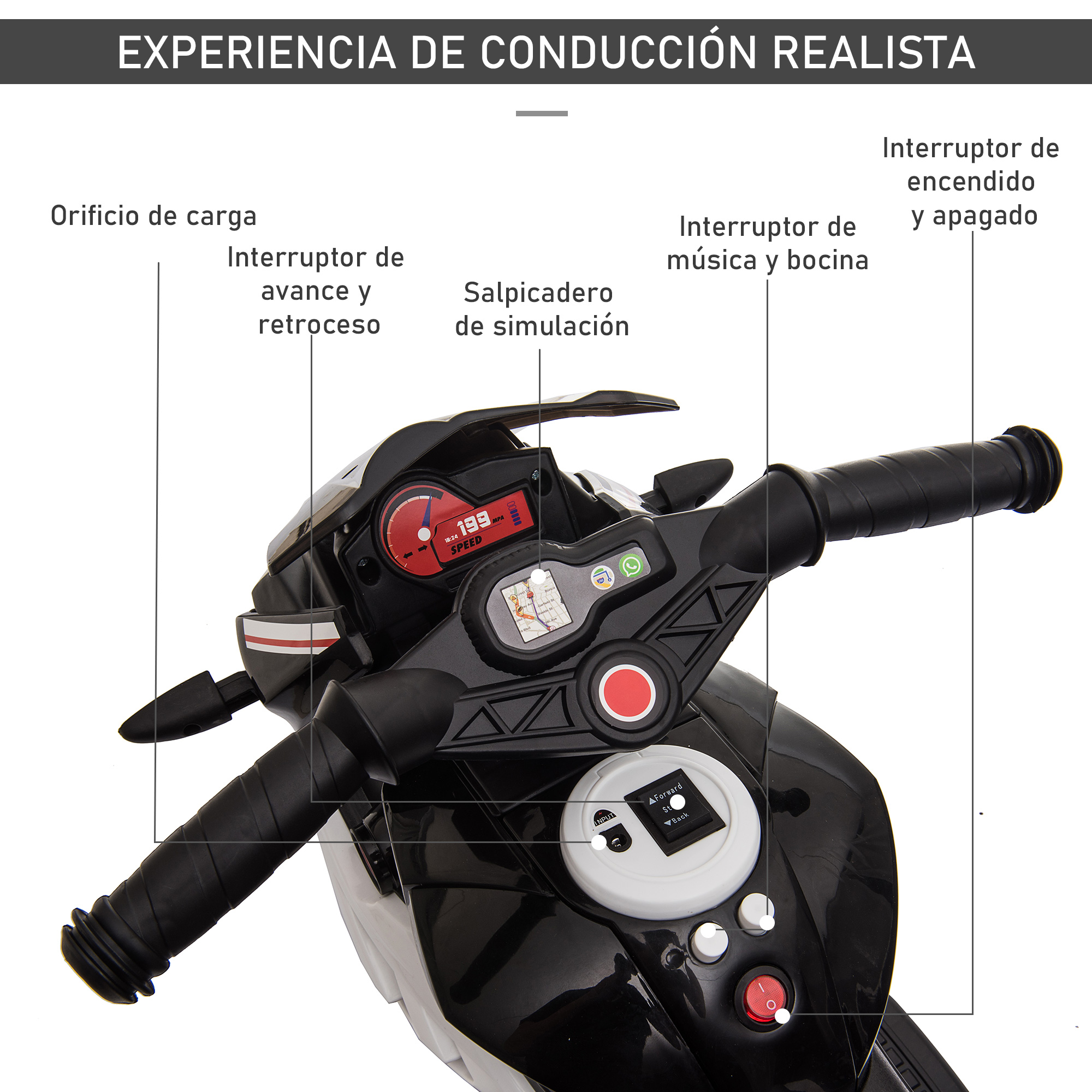Moto de juguete en blanco y negro con botones y pantalla.