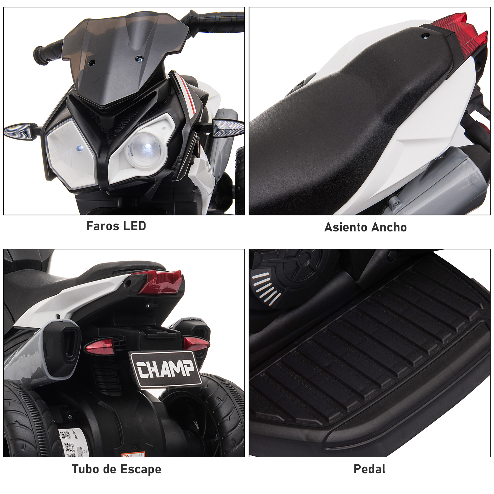 Una motocicleta de juguete en blanco y negro con faros LED y un asiento negro, detalles incluyen escape y pedales.