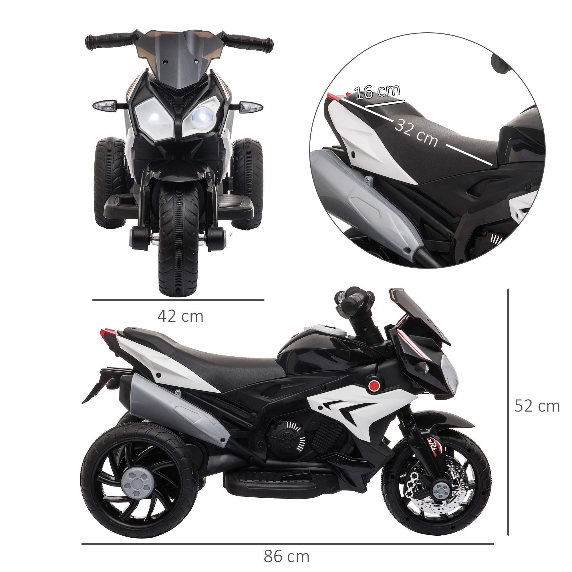 Moto giocattolo nera e bianca con dimensioni mostrate. Sono presentate viste frontali e laterali.