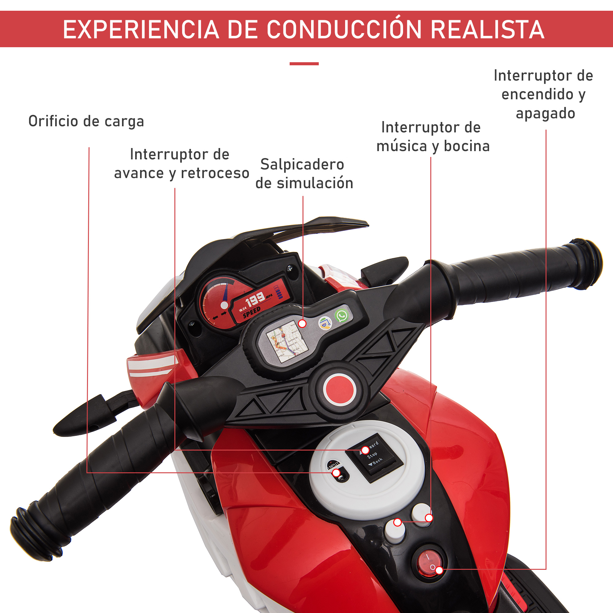Motocicleta de juguete roja y negra con etiquetas. La imagen muestra los controles, las etiquetas incluyen velocidad y arranque/parada.