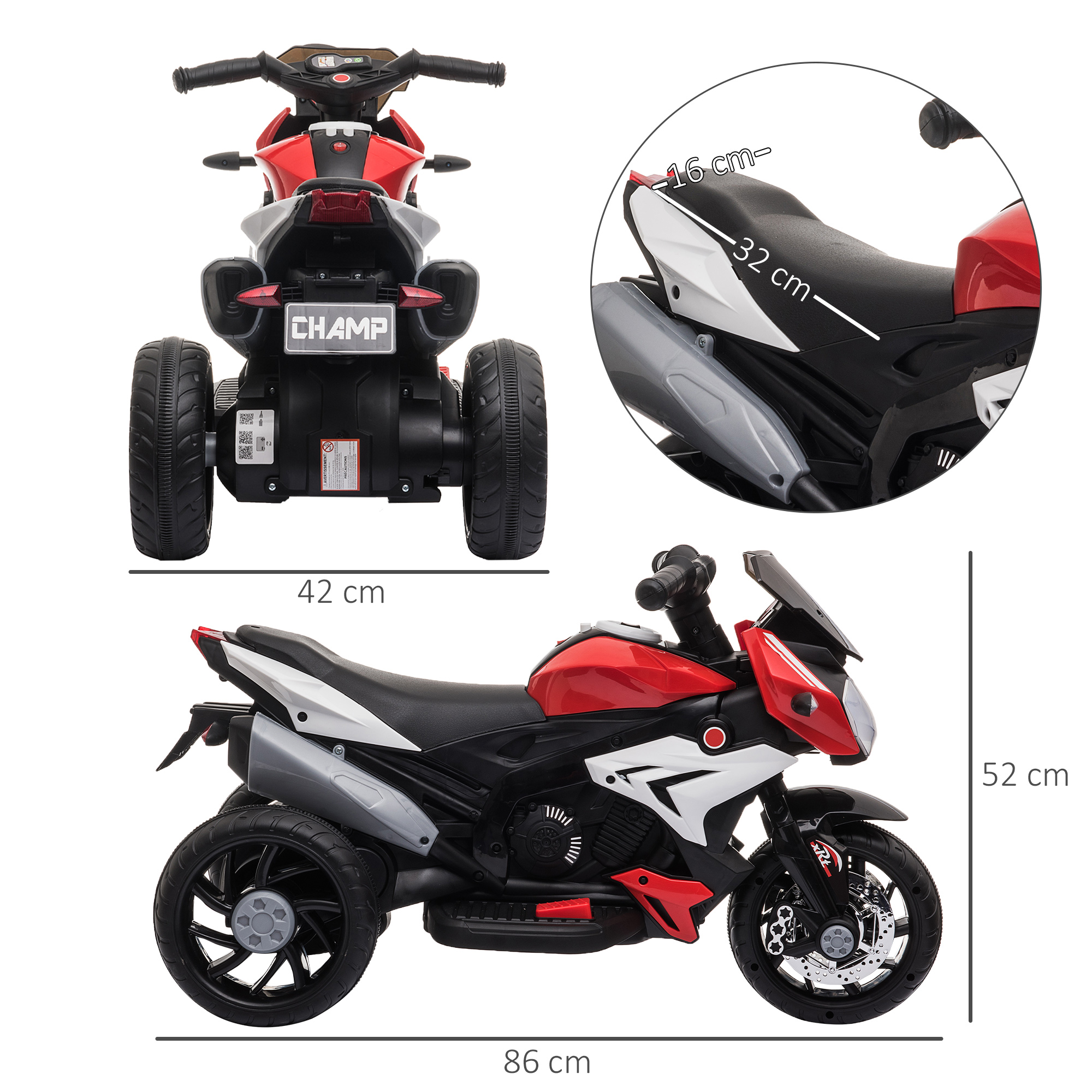 Una moto giocattolo rossa e bianca con misure. Lo sfondo è bianco.