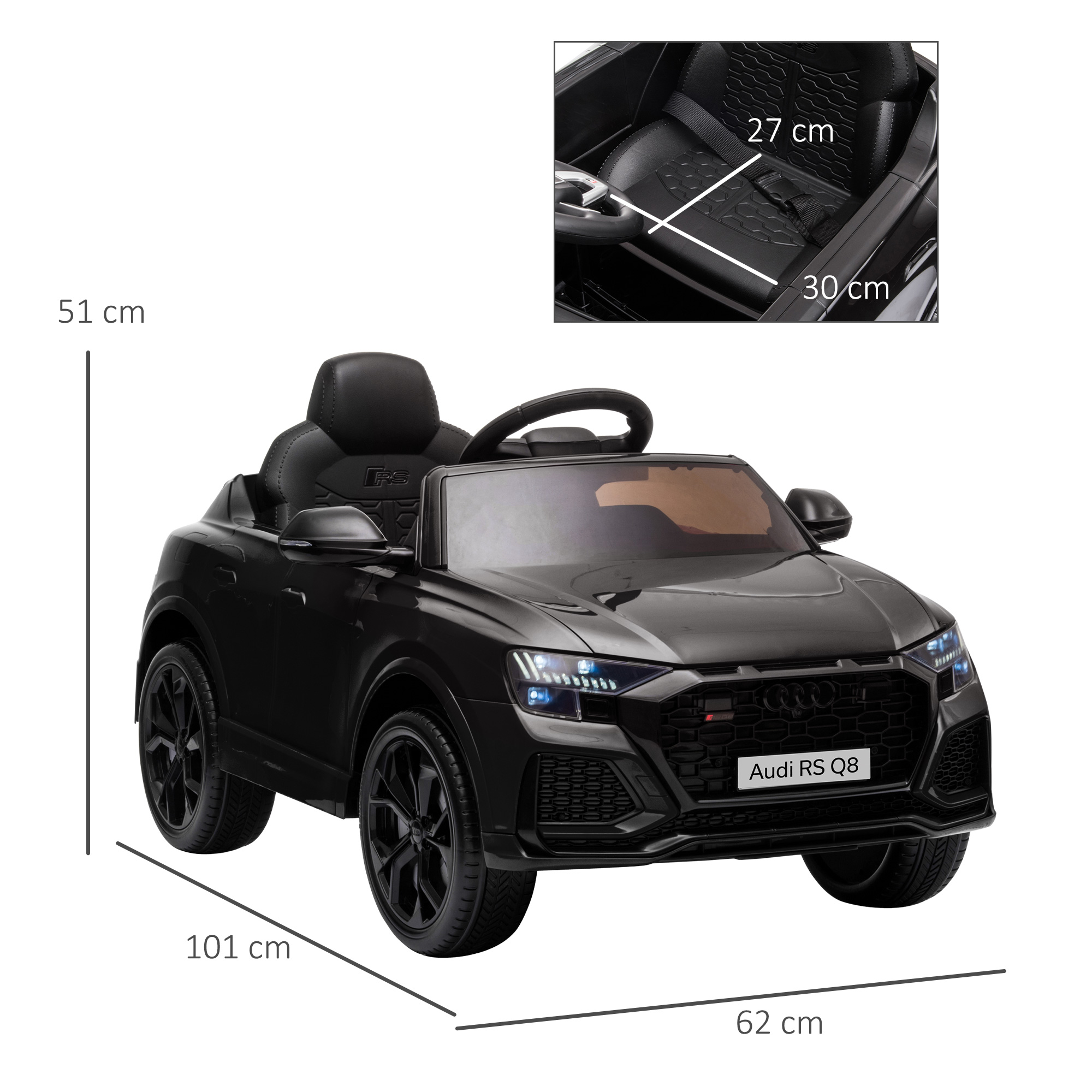 Coche de juguete negro con dimensiones mostradas. El Audi RS Q8 es un coche de juguete pequeño, negro y a batería.