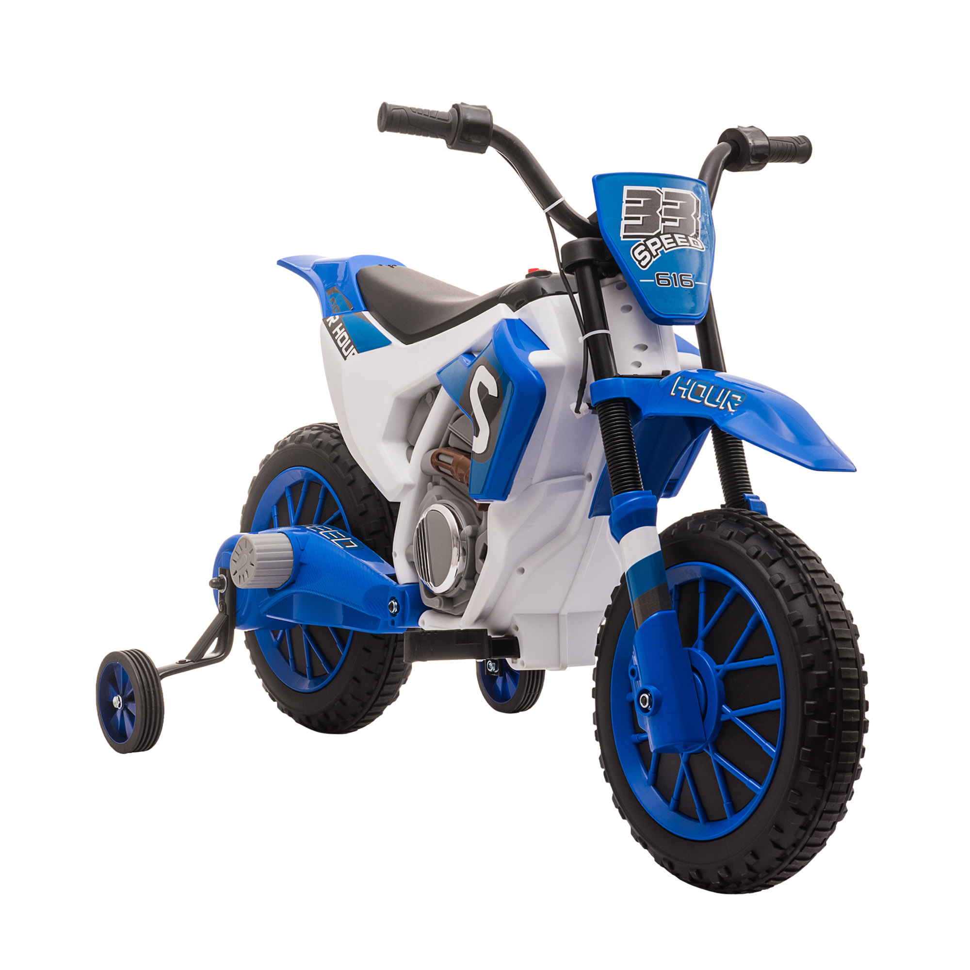 Motocicletta giocattolo blu e bianca con rotelle su sfondo bianco.