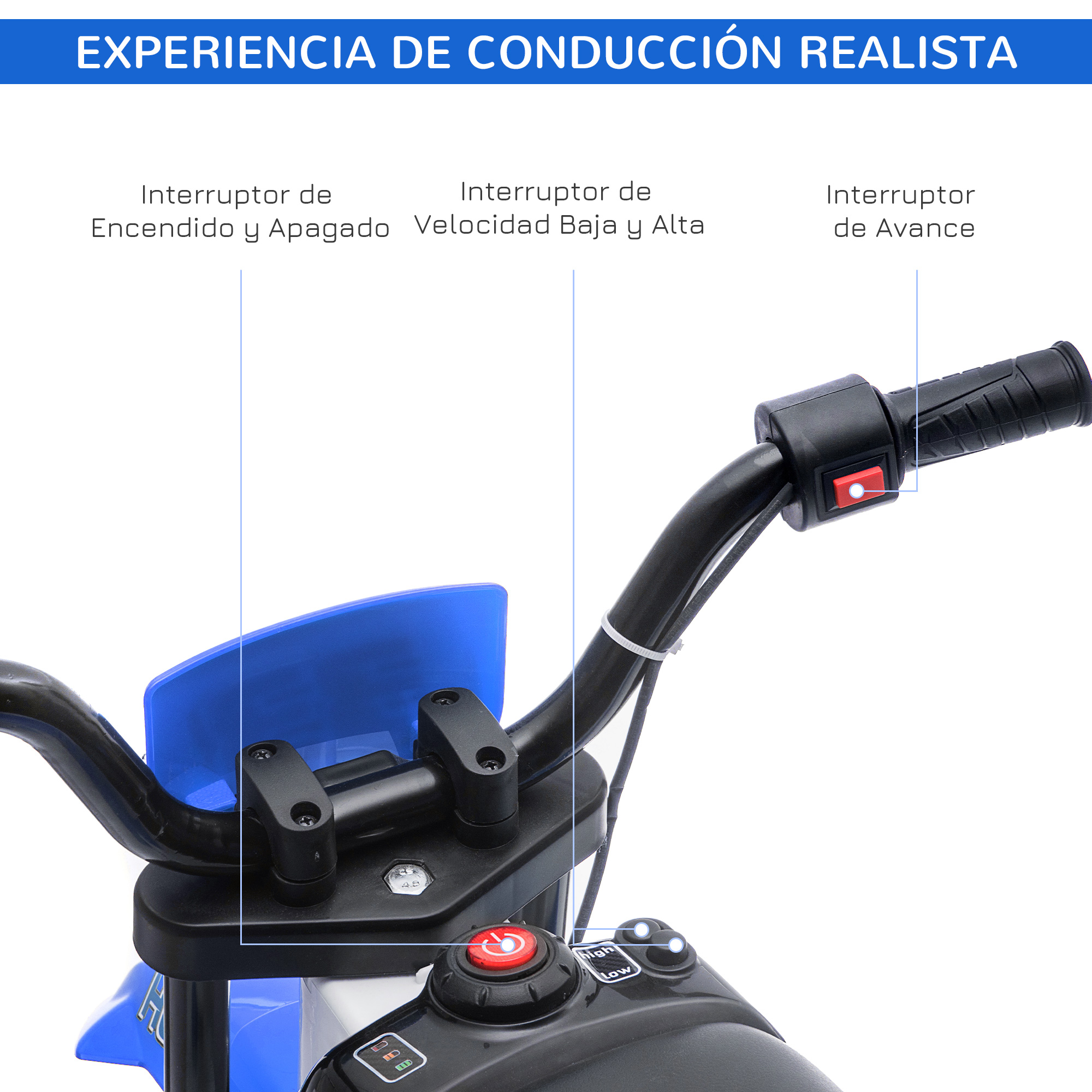 Primer plano de un manillar de motocicleta azul y negro. Texto en español. El fondo es blanco.