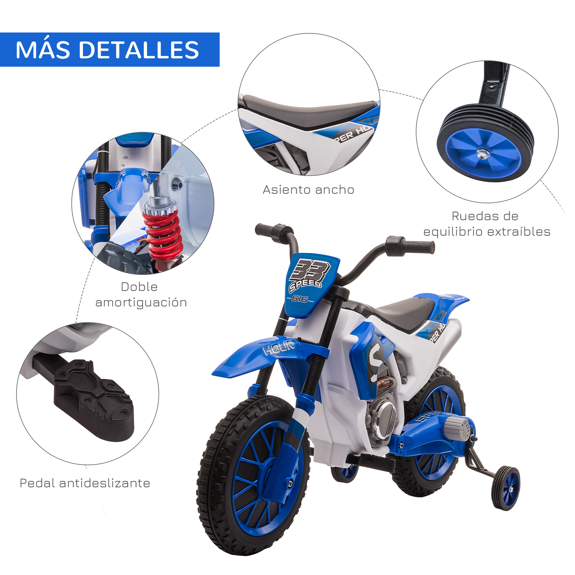 Motocicleta de juguete azul y blanca con características resaltadas. Fondo blanco.