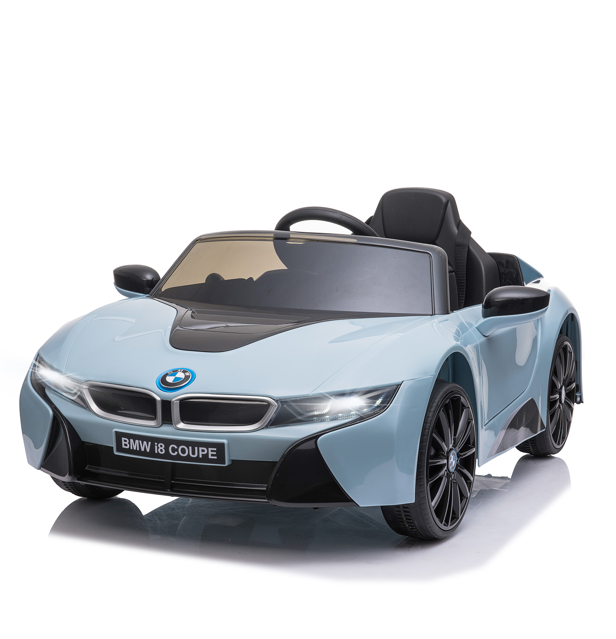 Auto elettrica per bambini BMW i8 Coupe azzurra.