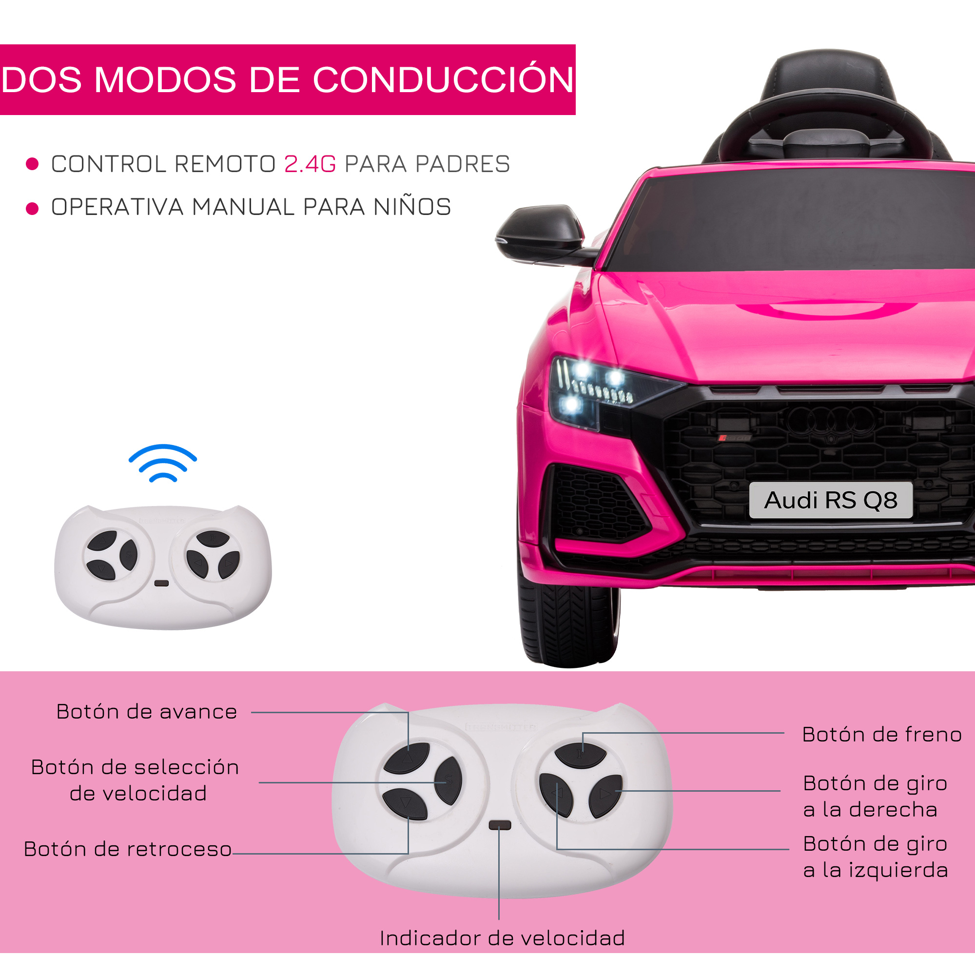 Coche de juguete rosa con control remoto y texto con funciones.