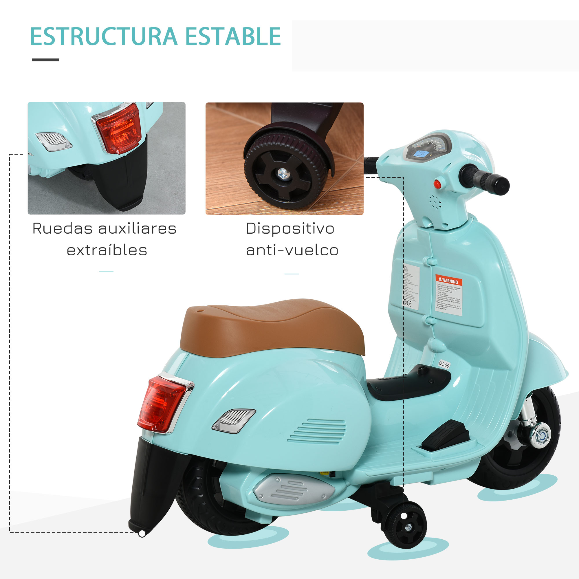 Un scooter de juguete azul claro. Tiene asiento marrón y ruedas negras. El fondo tiene texto.