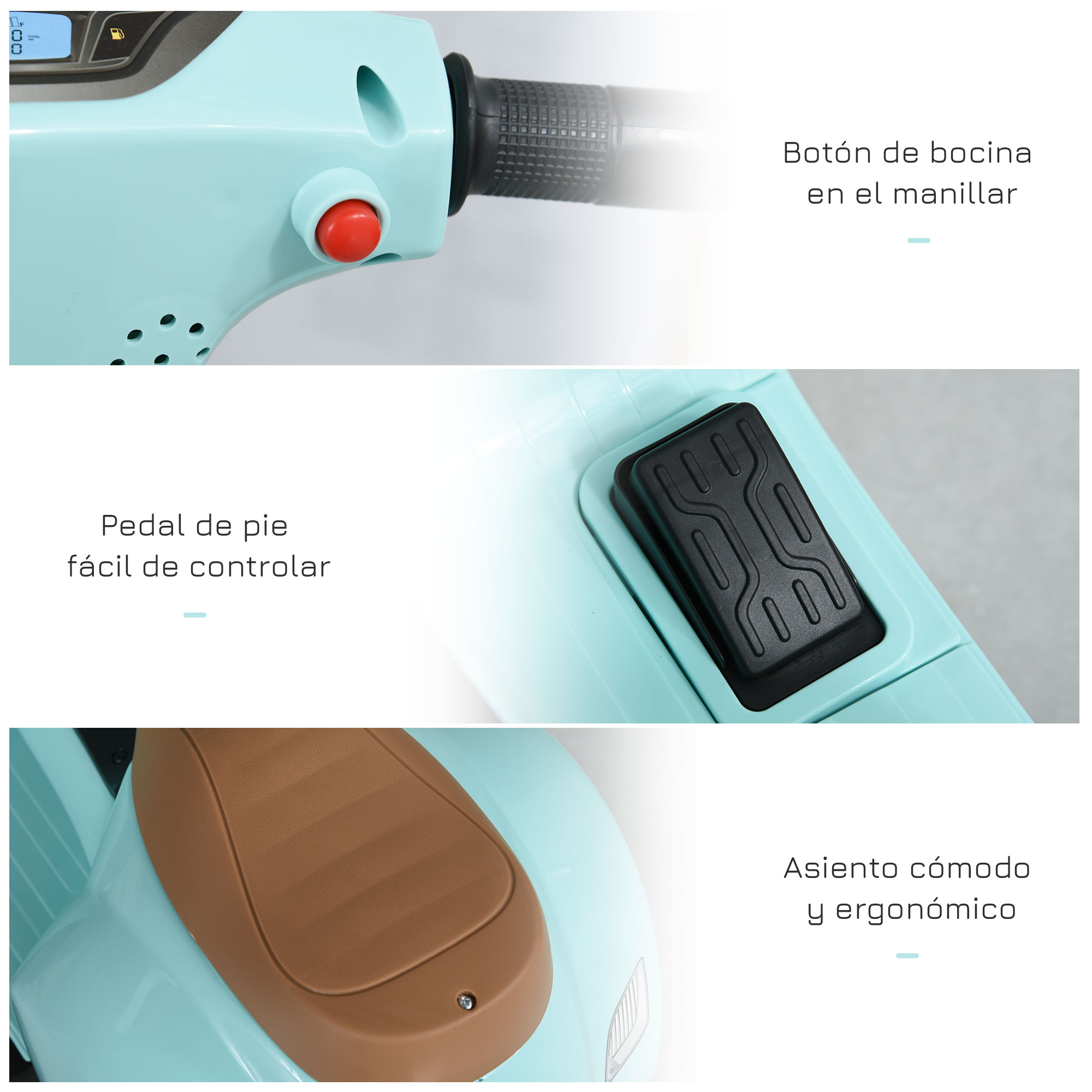 Primeros planos de un patinete: manillar, pedal y asiento.