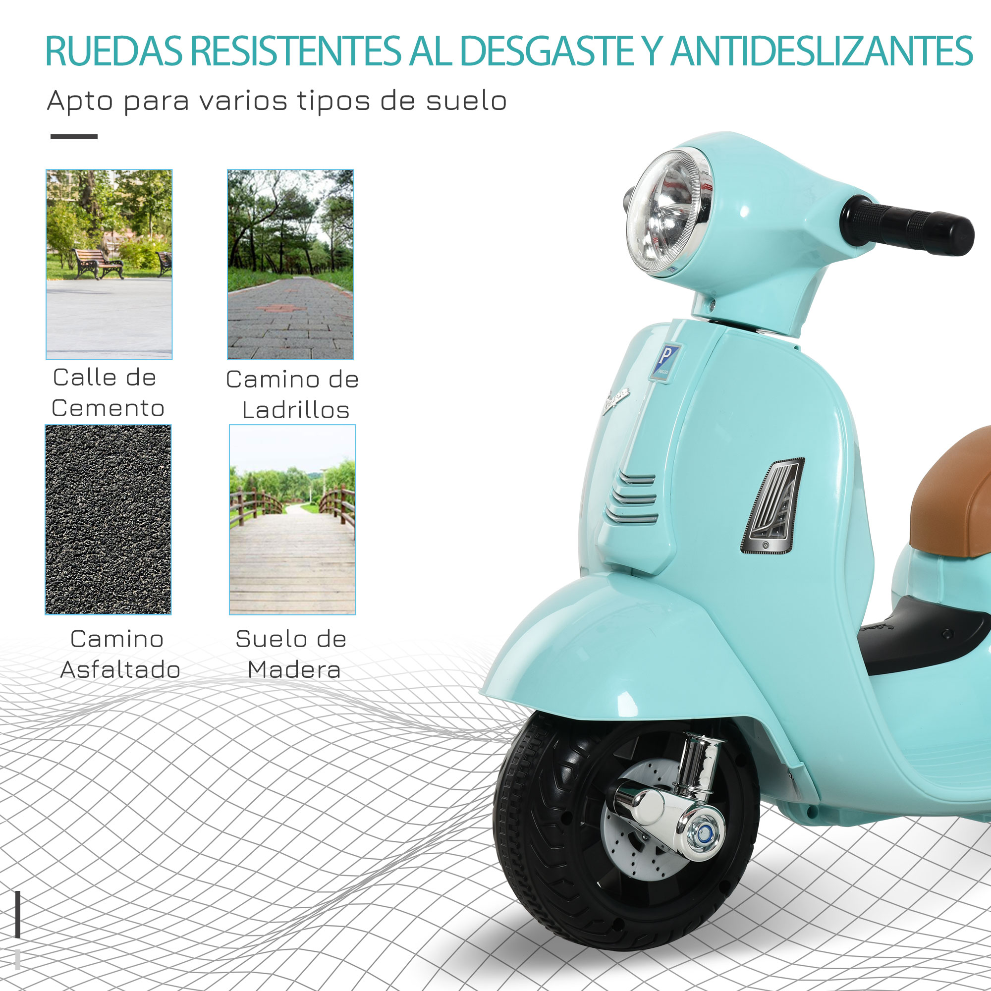 Scooter azul claro con asiento marrón e imágenes de superficies viales. Texto en español.