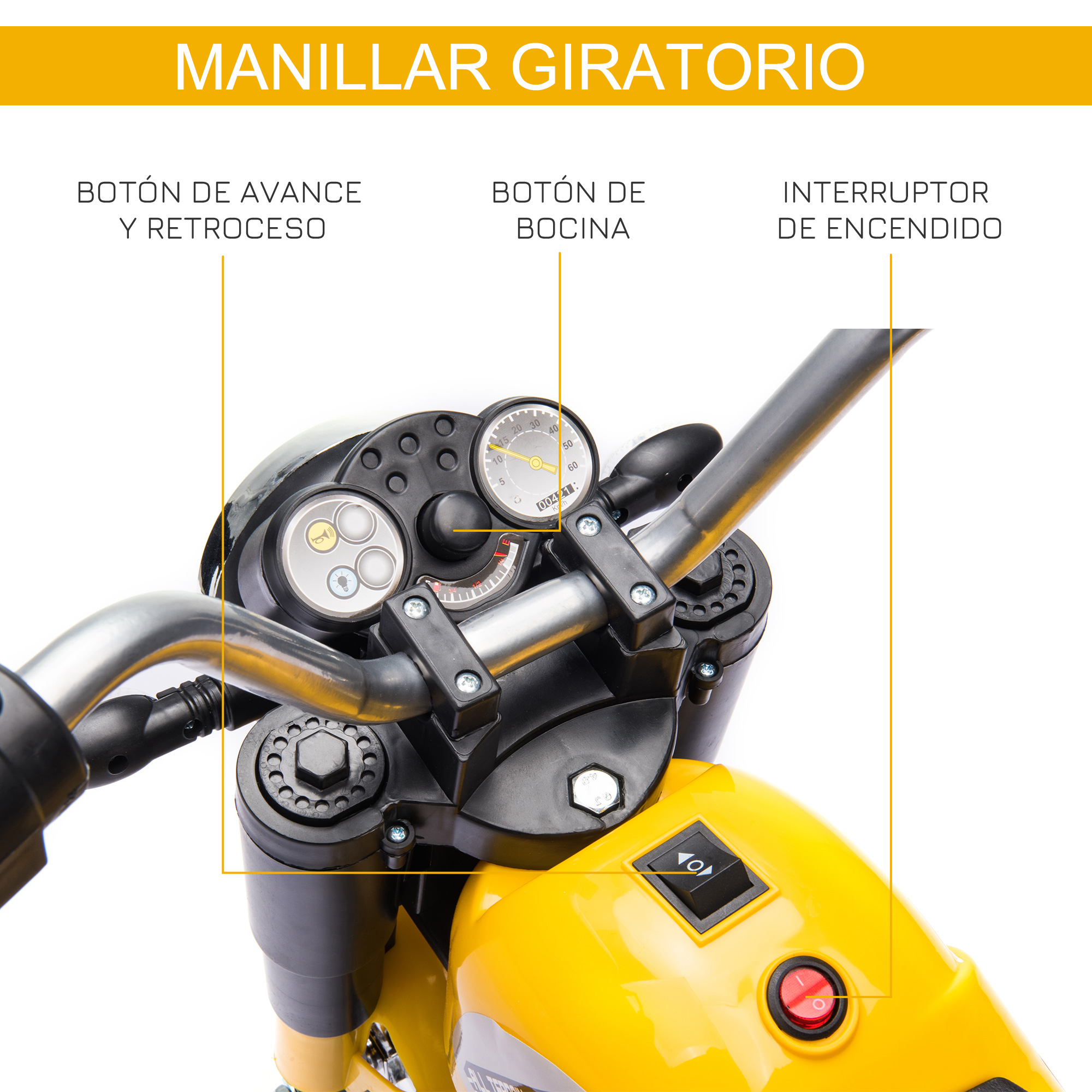 Manillar de motocicleta de juguete amarillo con botones y velocímetro. Combinación de colores negro y amarillo.