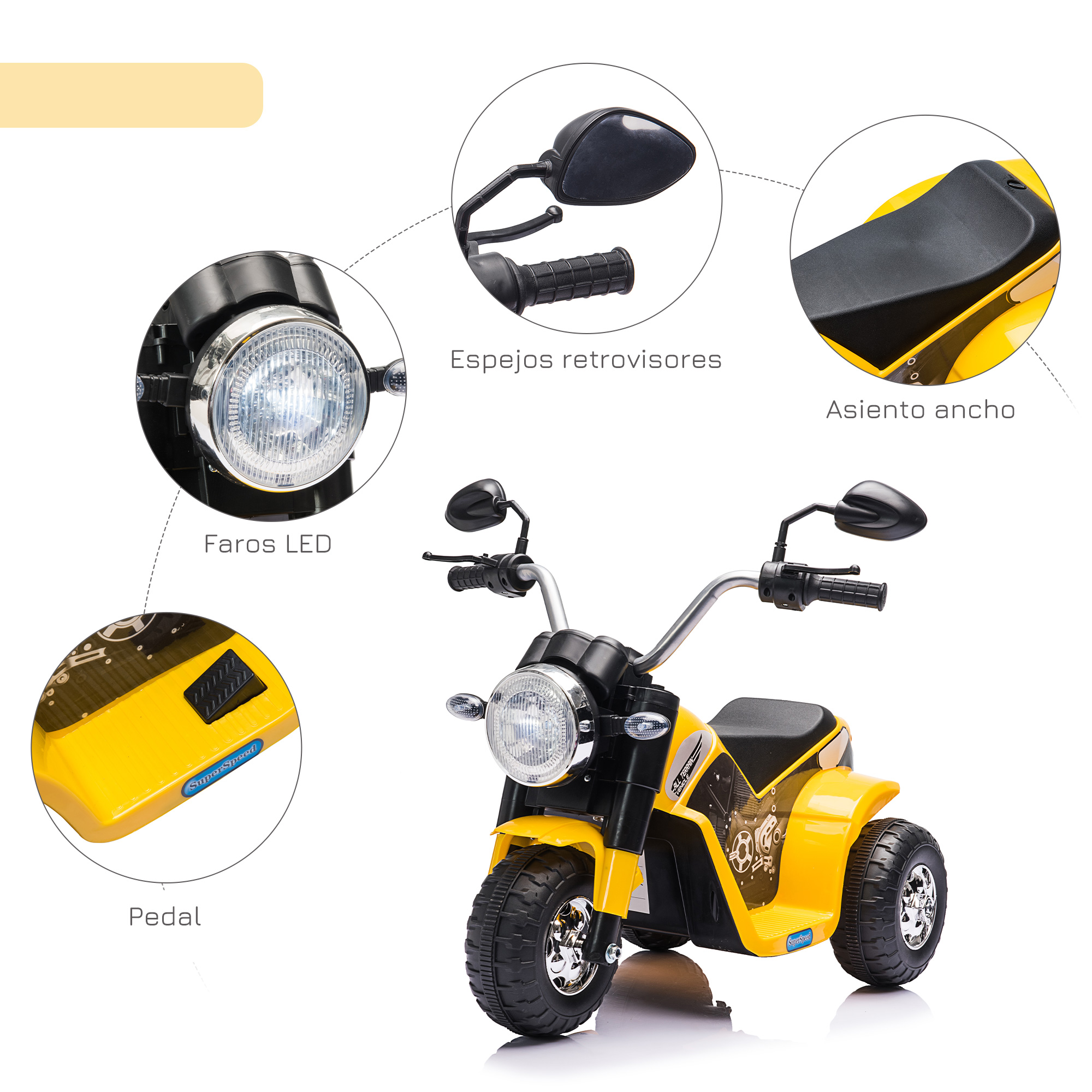 Moto de juguete amarilla con detalles negros. Incluye faros, espejos, asiento y pedal.
