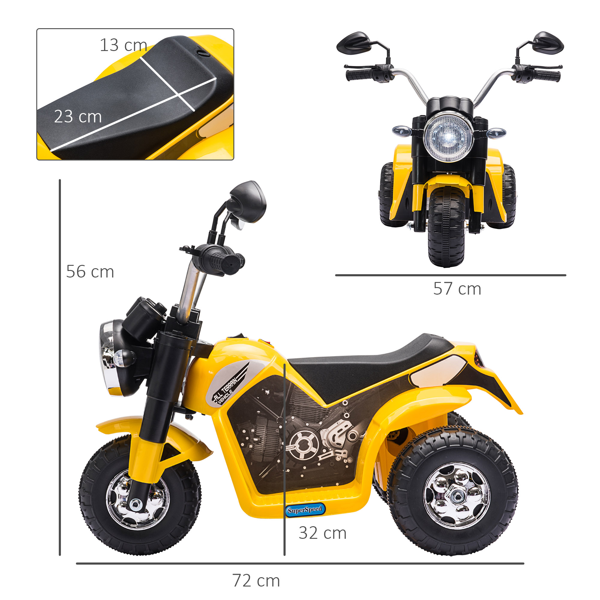 Moto giocattolo gialla con sella nera, fari e dimensioni indicate. 56cm altezza, 72cm lunghezza, 57cm larghezza.