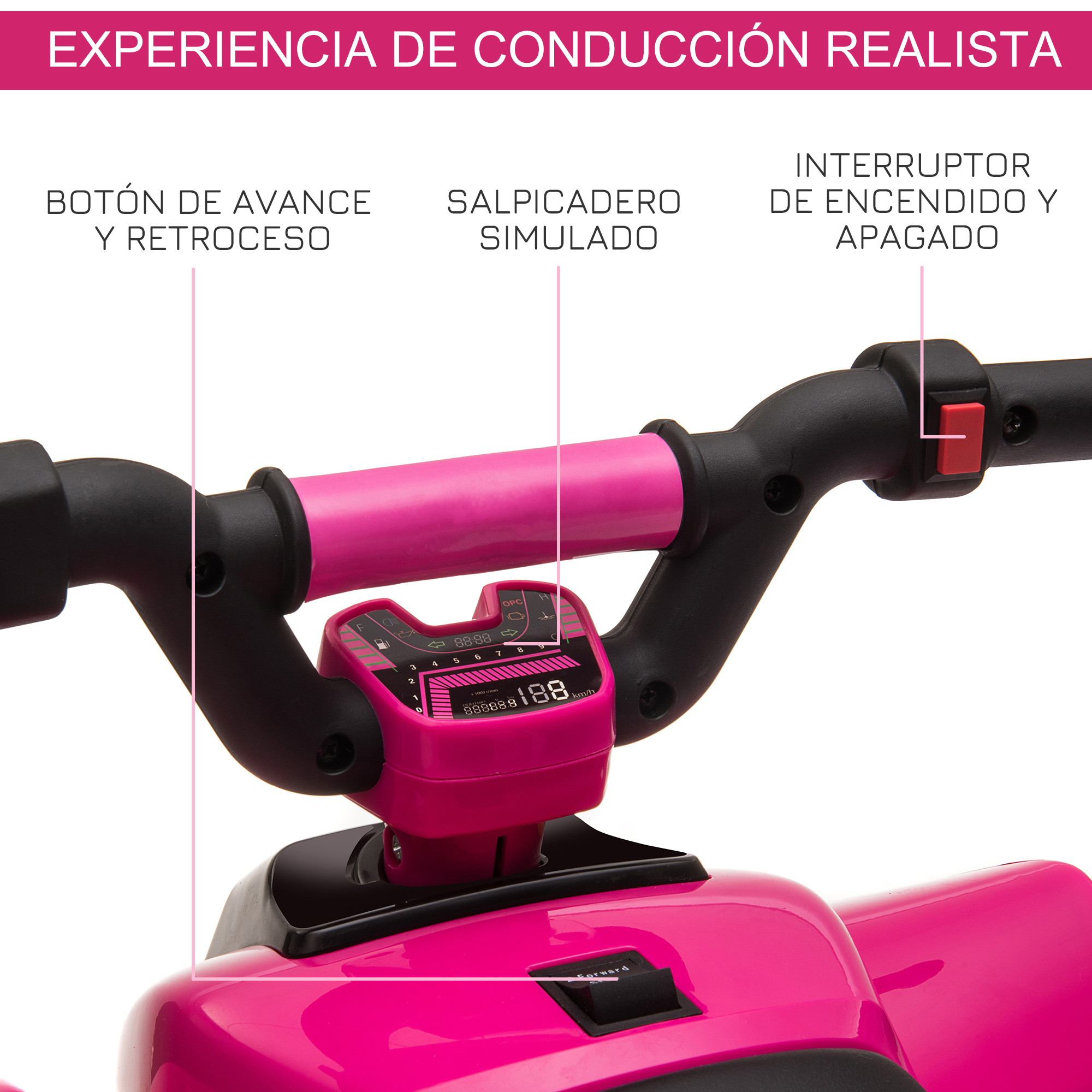 Un manillar de coche de juguete rosa con botones y un panel de instrumentos, etiquetado con texto en español.