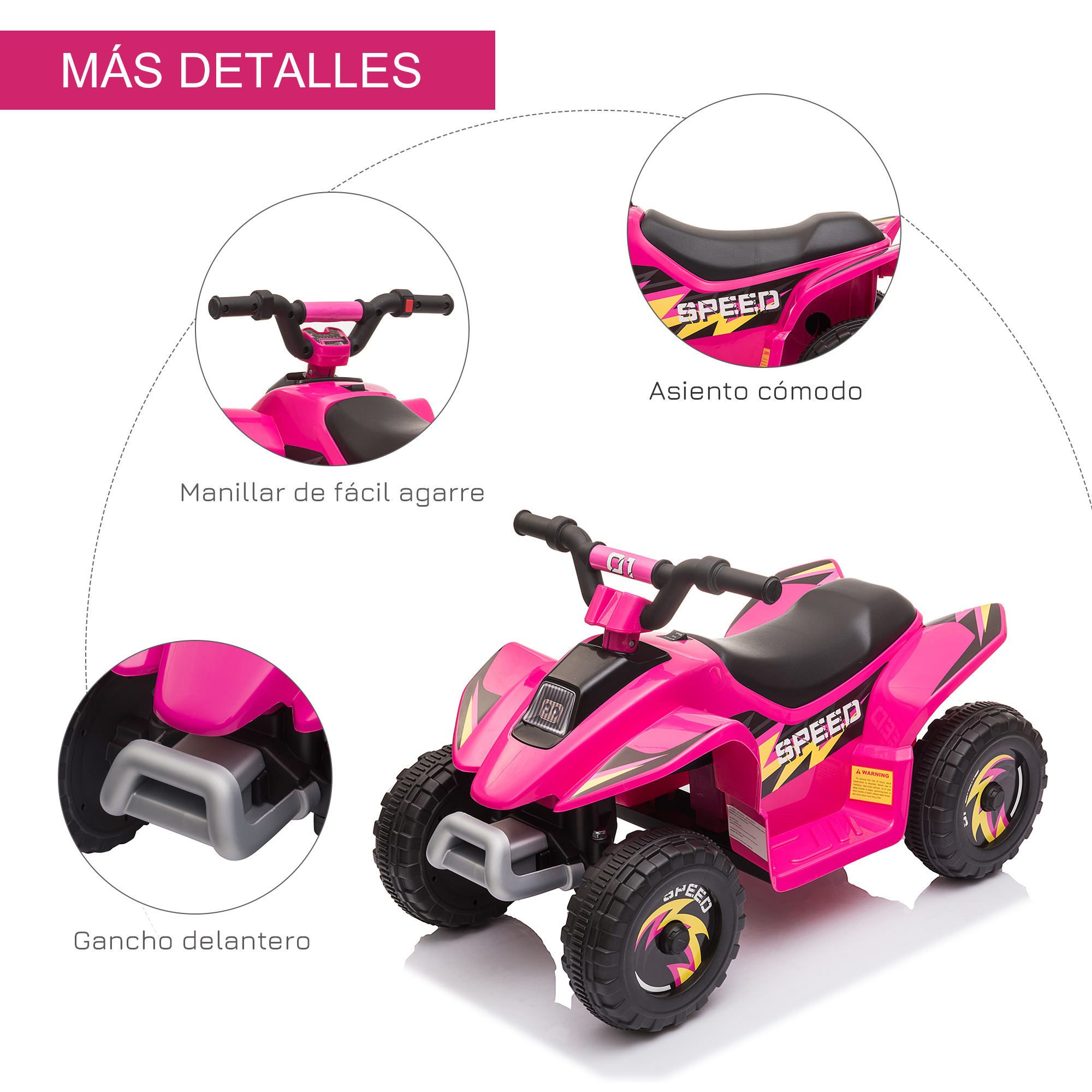 Quad rosa con asiento y neumáticos negros. Cuenta con partes etiquetadas como manillar y gancho delantero. Fondo blanco.