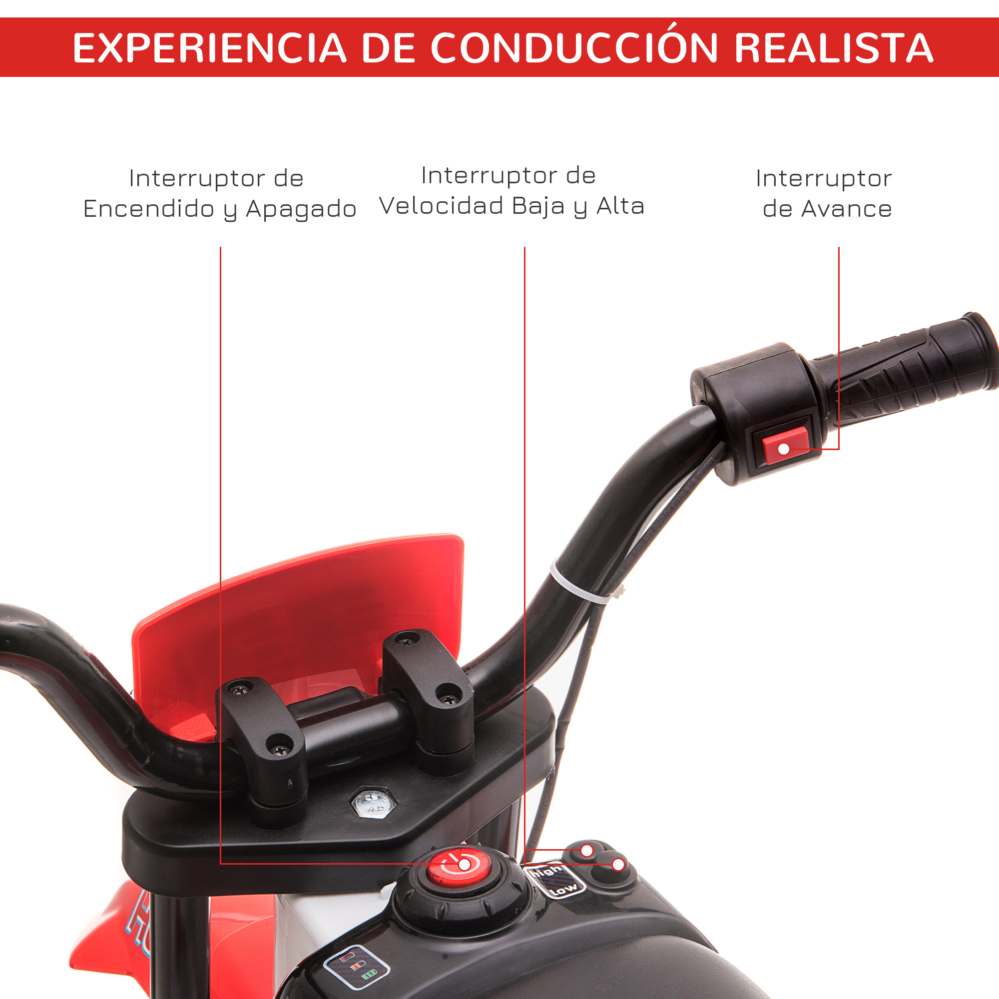 Motocicleta de juguete roja y negra con controles etiquetados, sobre fondo blanco.