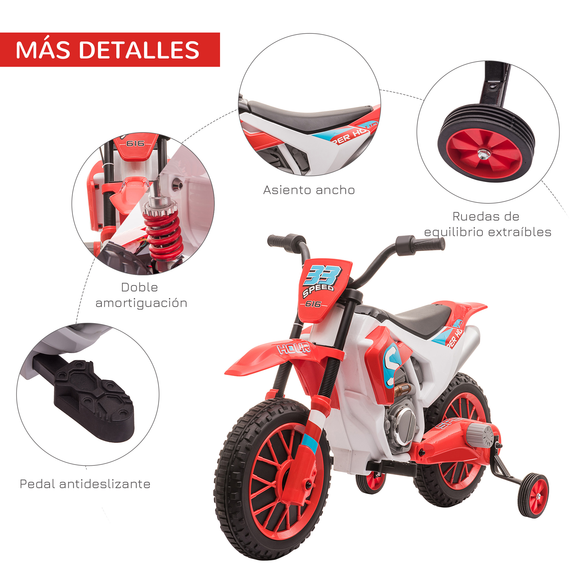 Motocicleta de juguete roja y blanca con detalles: asiento ancho, ruedas, doble absorción de impactos.