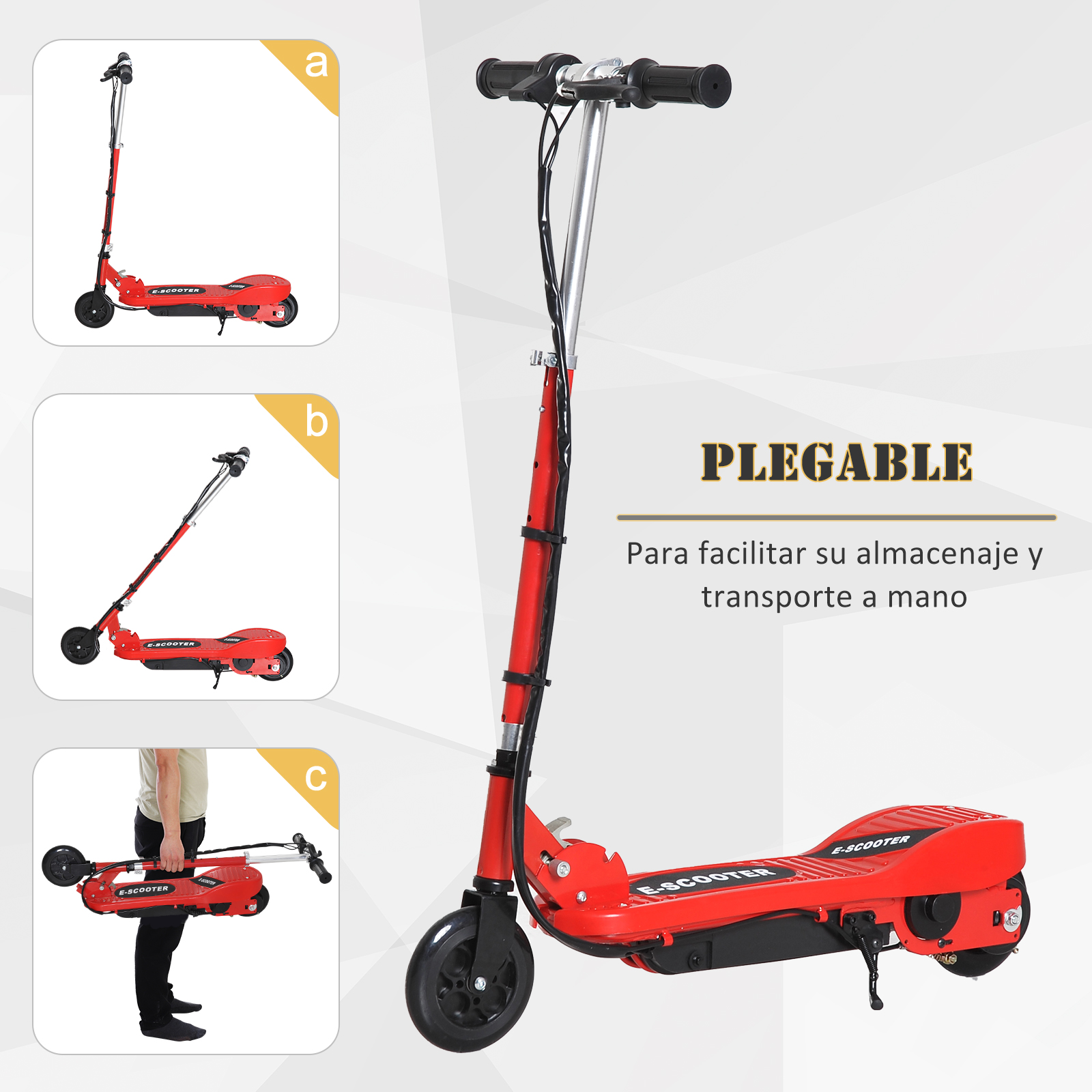 Un patinete eléctrico plegable rojo en tres vistas diferentes.