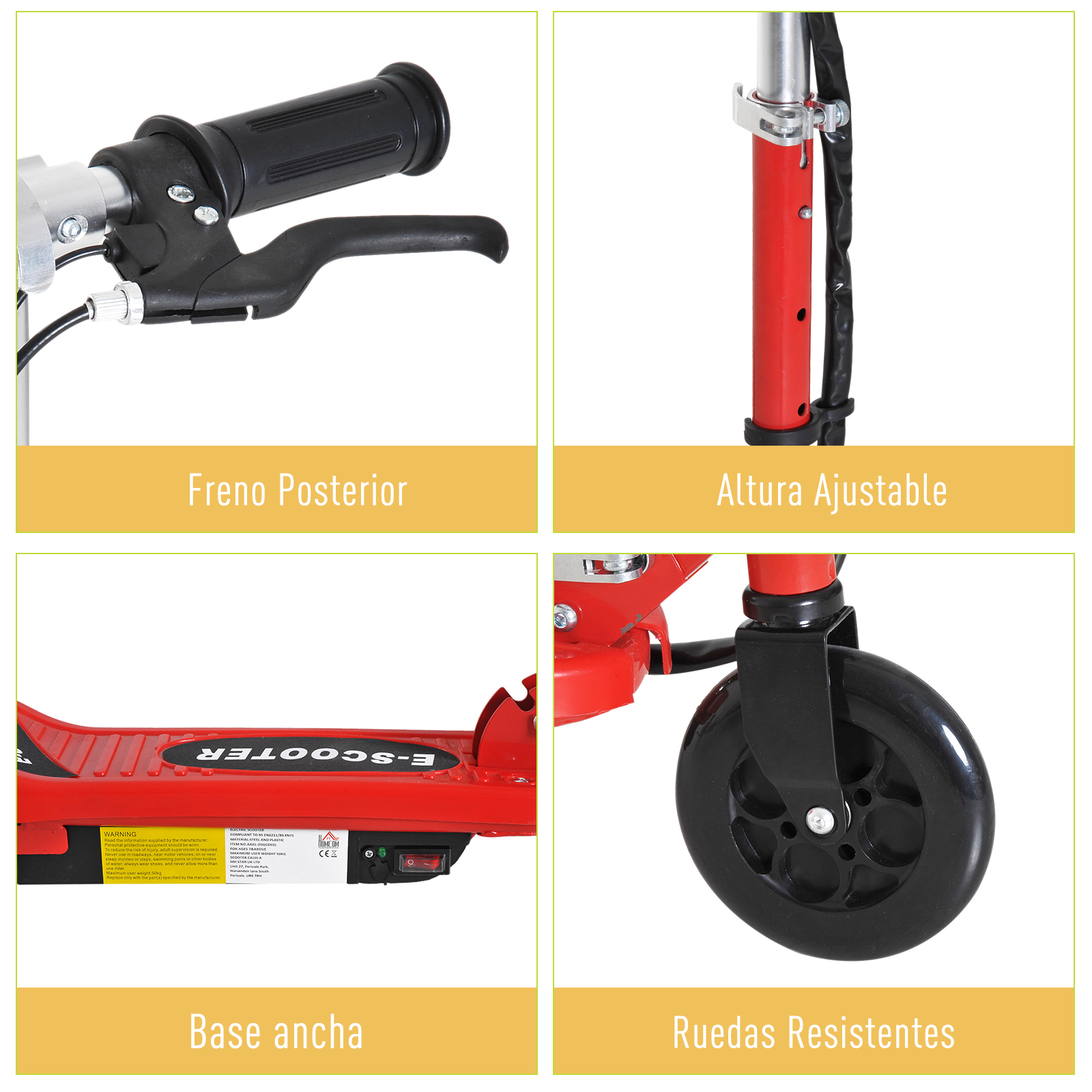 Cuatro imágenes de cerca de partes de un e-scooter: freno trasero, altura ajustable, base ancha y rueda.