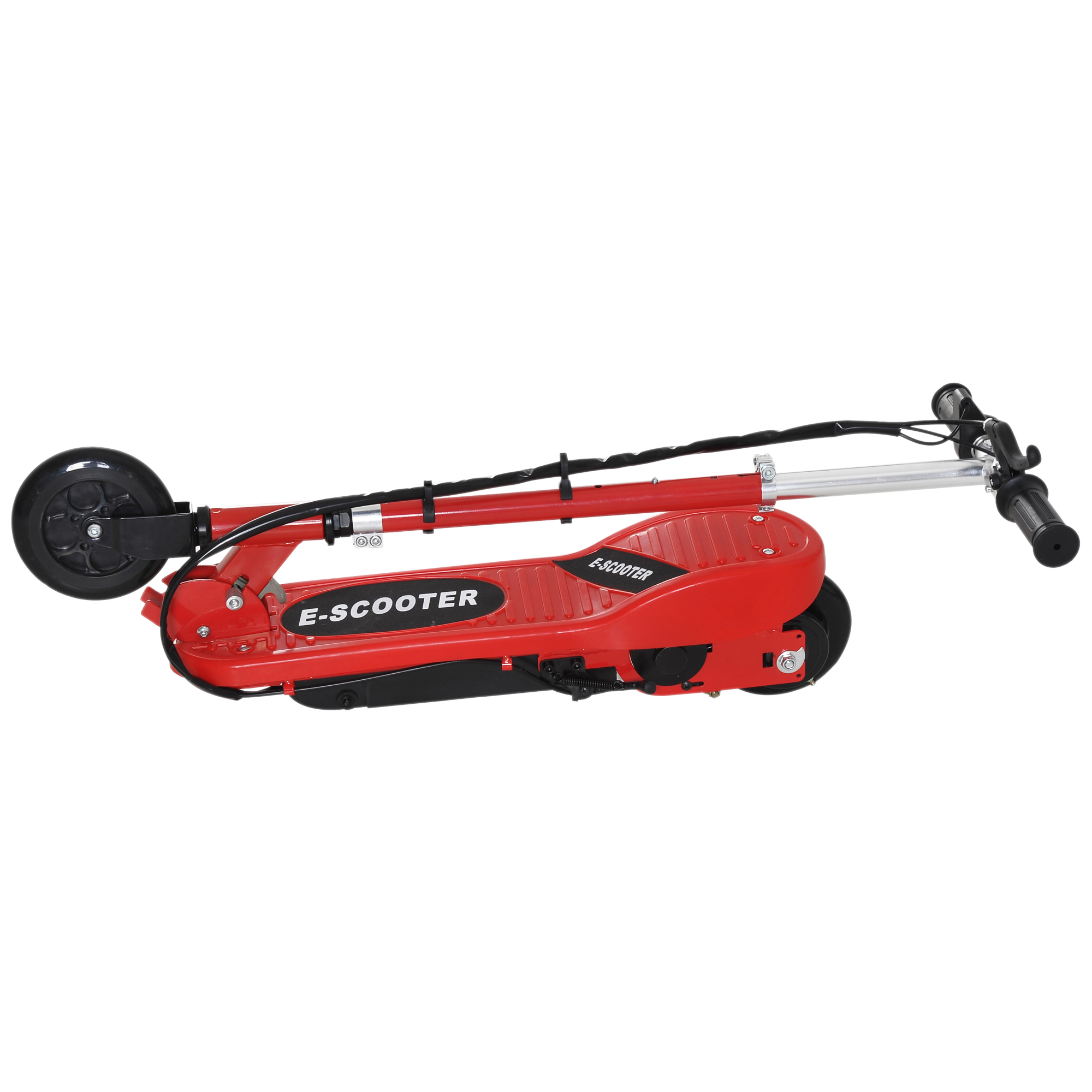 Patinete eléctrico rojo, plegado. El patinete es rojo, plegado y diseñado para la portabilidad.