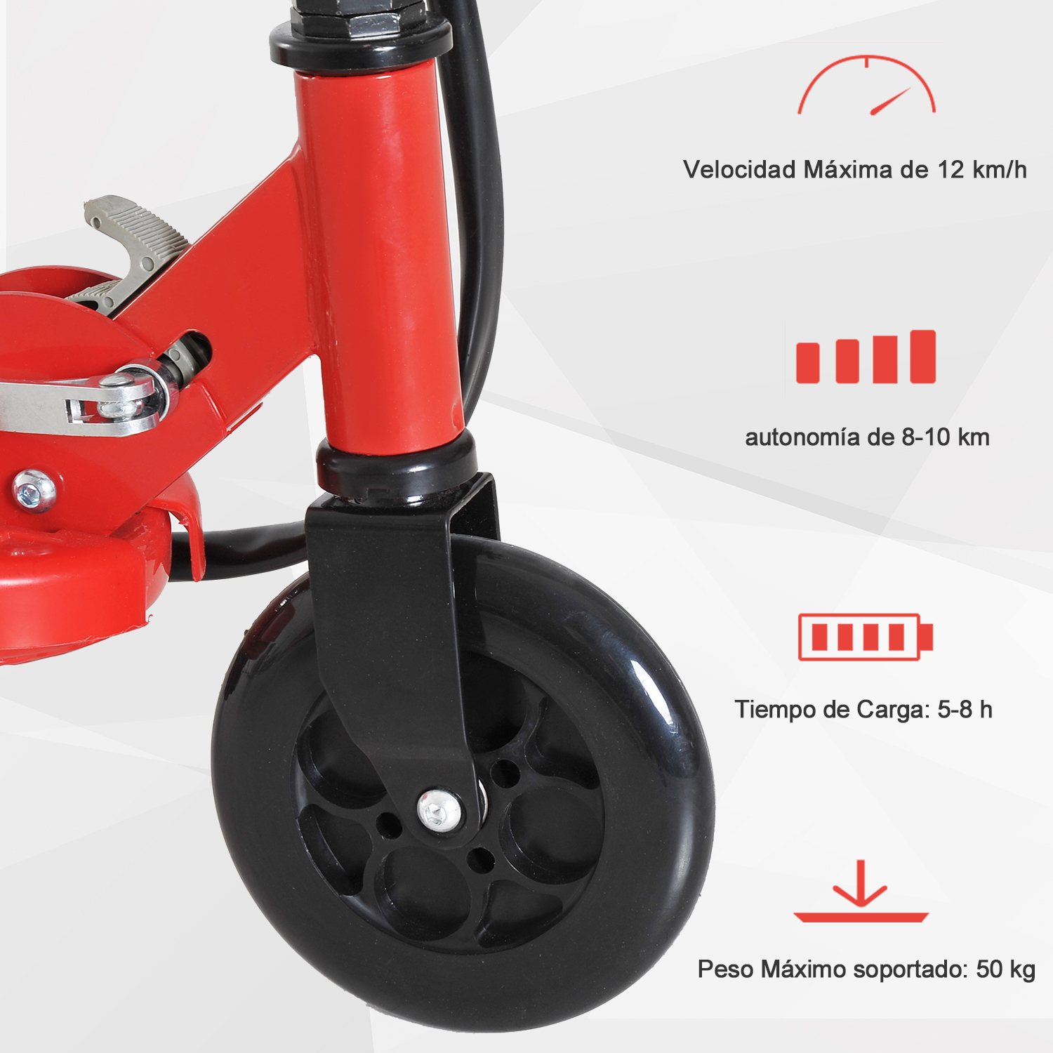Detalles de patinete eléctrico rojo con medidas. Rueda negra y marco rojo.