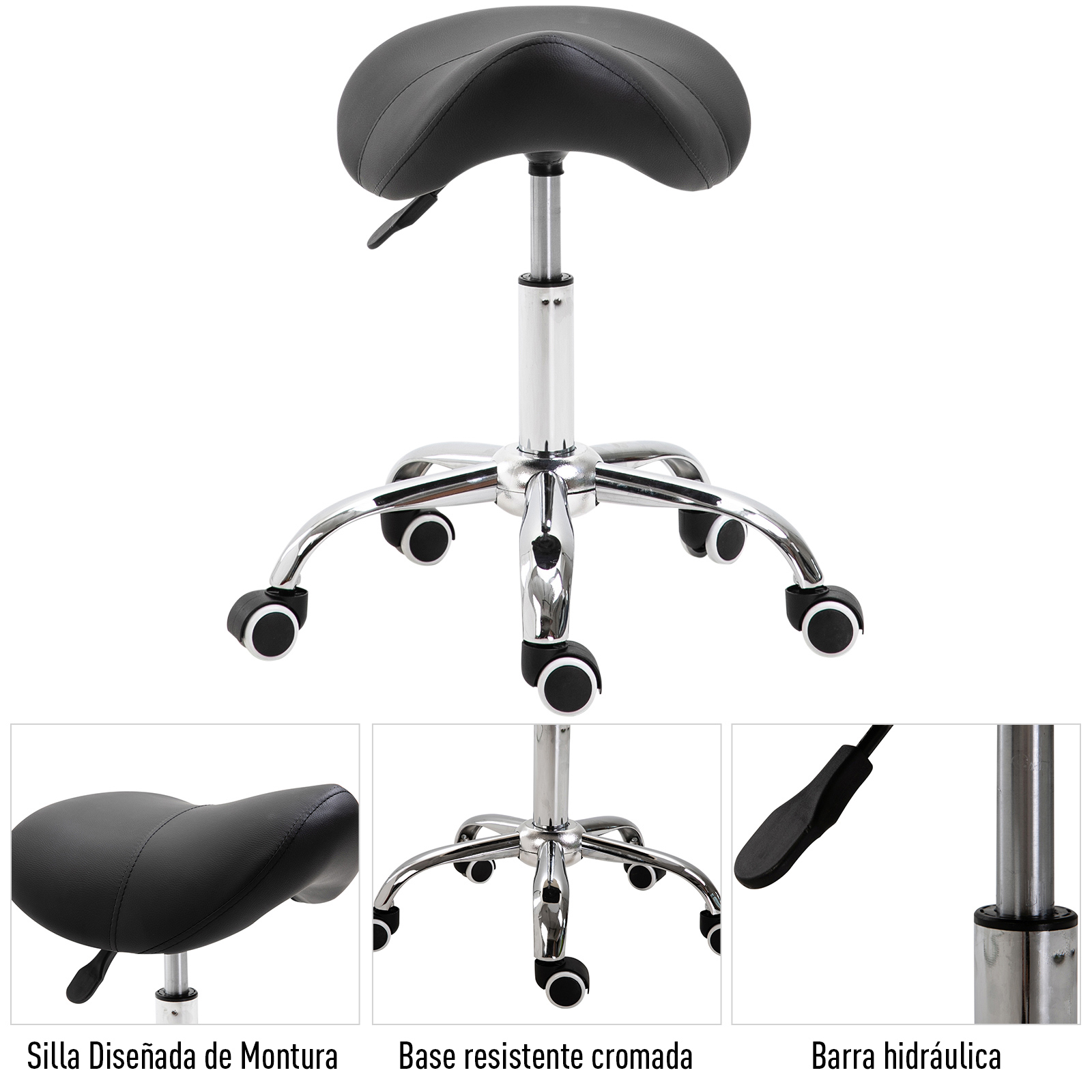 Una silla de montar negra con base y ruedas cromadas, con primeros planos del asiento, la base y la palanca.