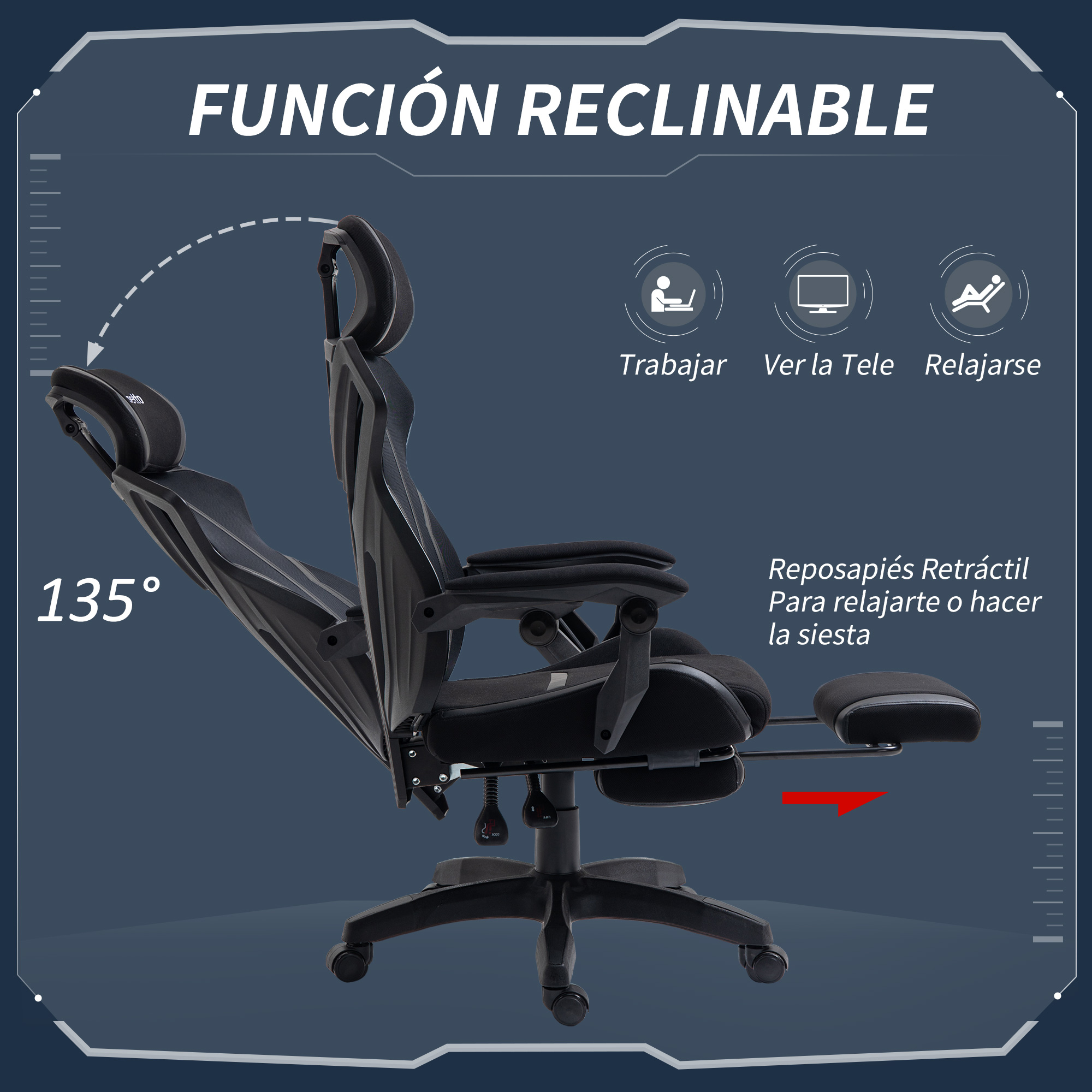 Silla gaming negra reclinable a 135 grados, opciones: Trabajar, Ver TV, Relajarse.
