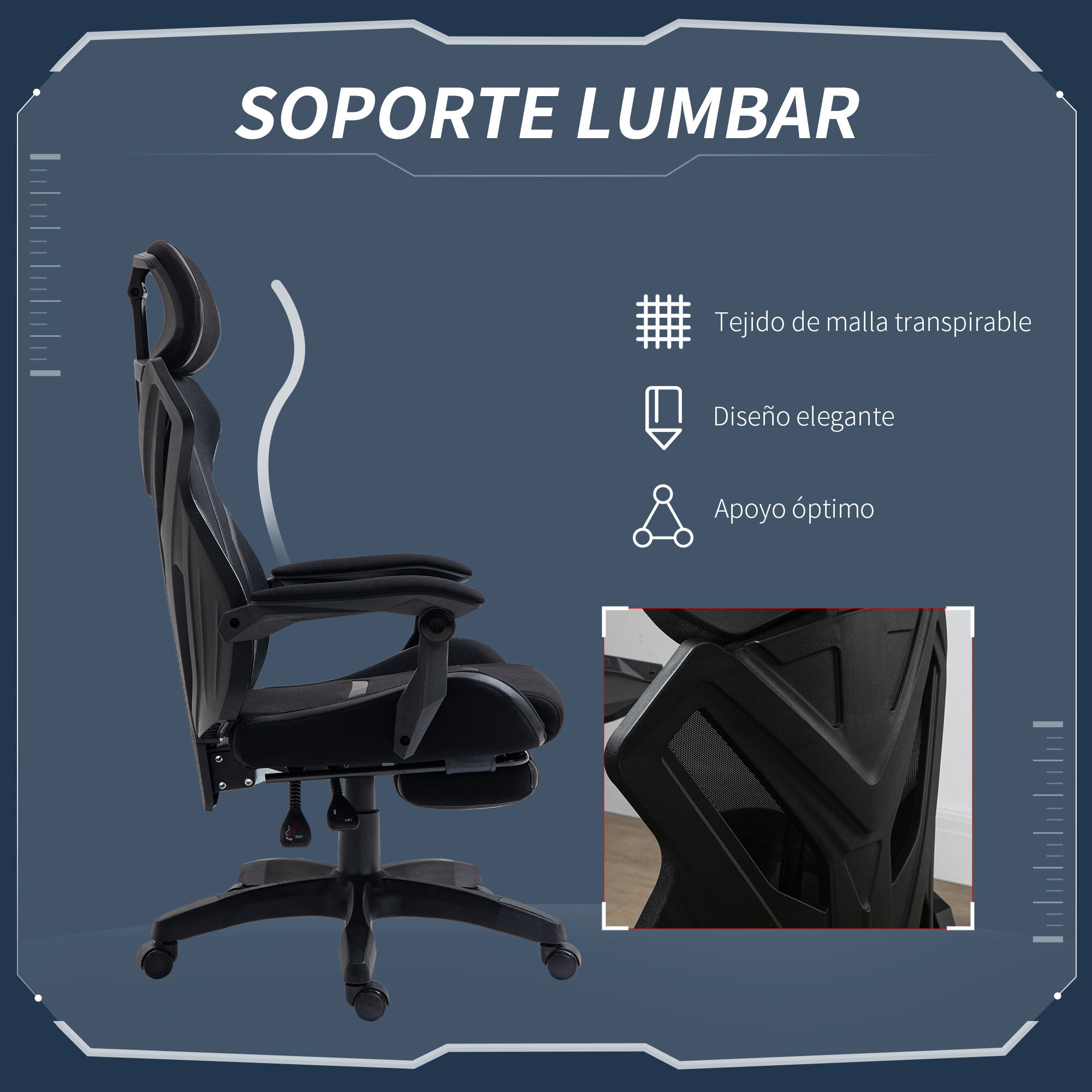 Silla ergonómica negra con respaldo de malla y reposacabezas. Características: soporte lumbar y reposabrazos.