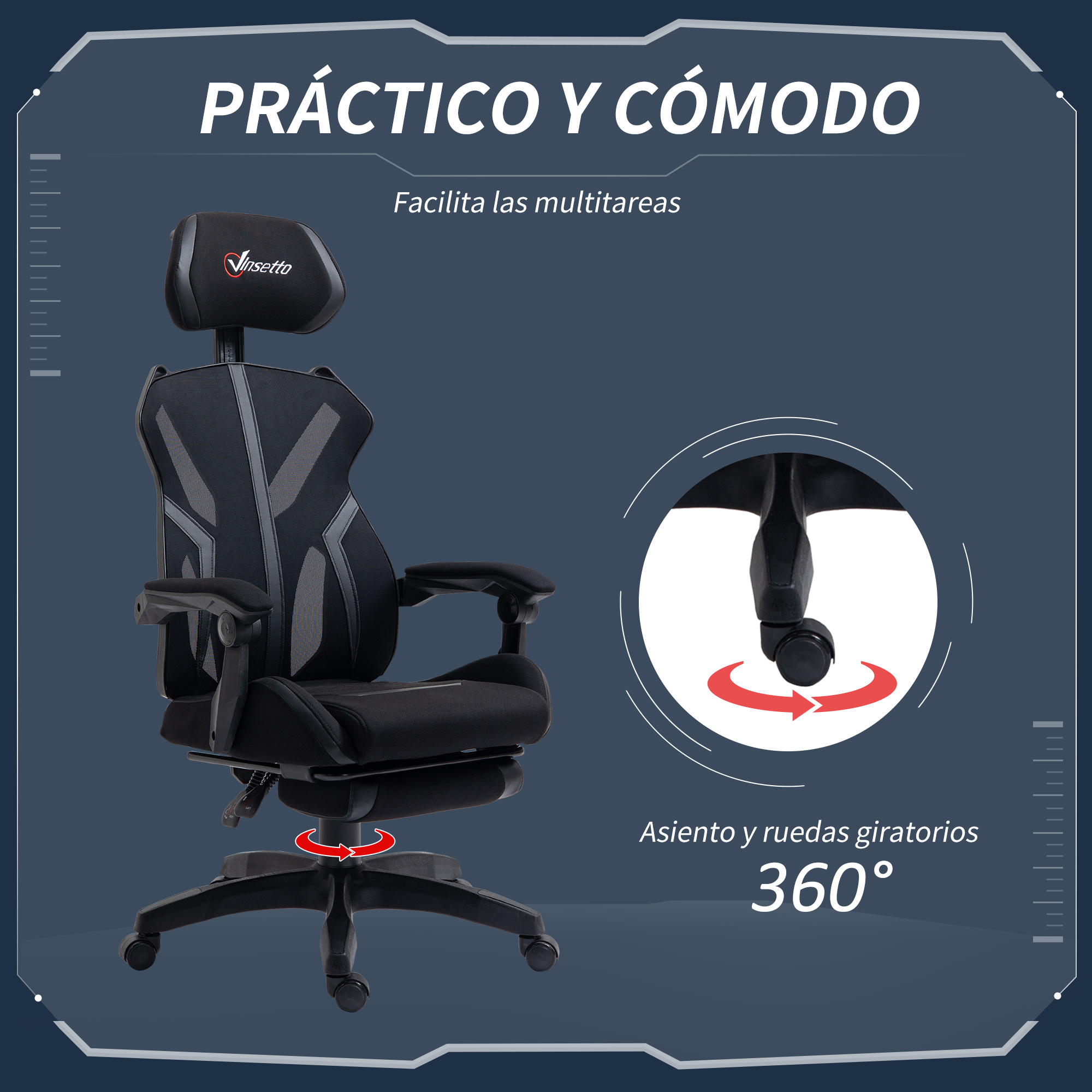 Una silla ergonómica negra y gris, con asiento giratorio de 360 grados y reposacabezas, sobre fondo azul-gris.