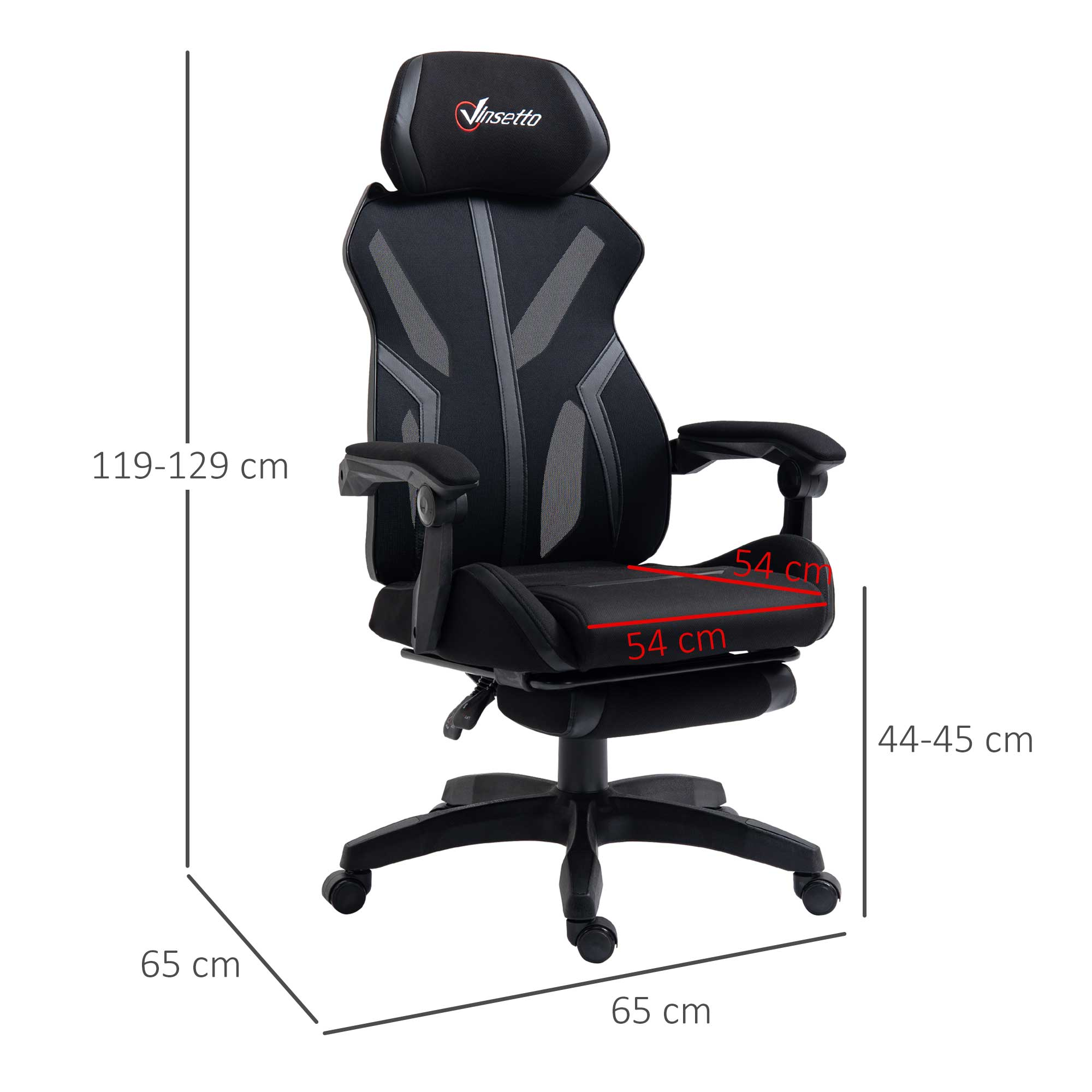 Silla gaming negra con dimensiones. Respaldo y reposacabezas de malla. Reposabrazos negros. Fondo blanco.
