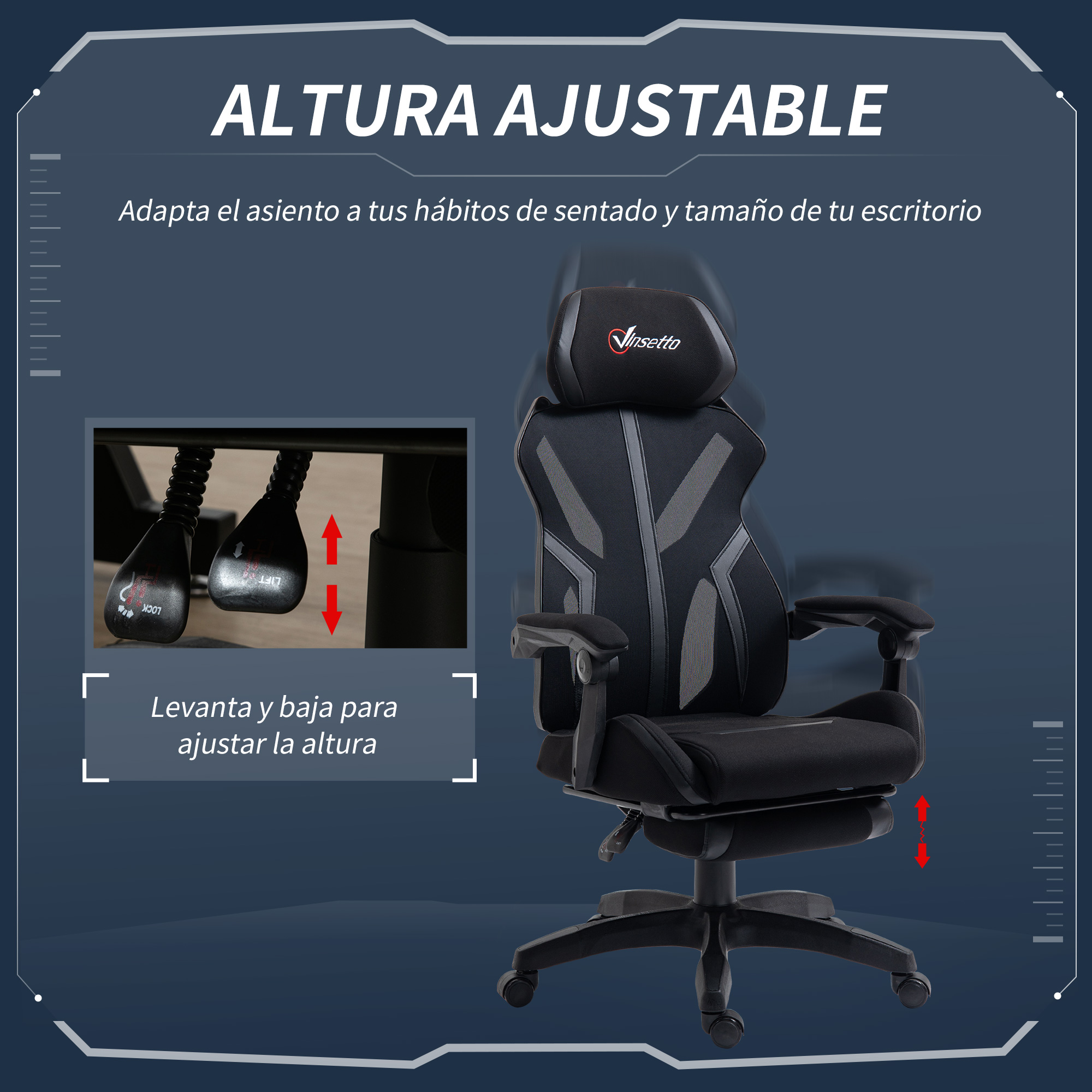 Silla gaming negra que muestra el ajuste de altura. Texto en español. El fondo es azul oscuro.