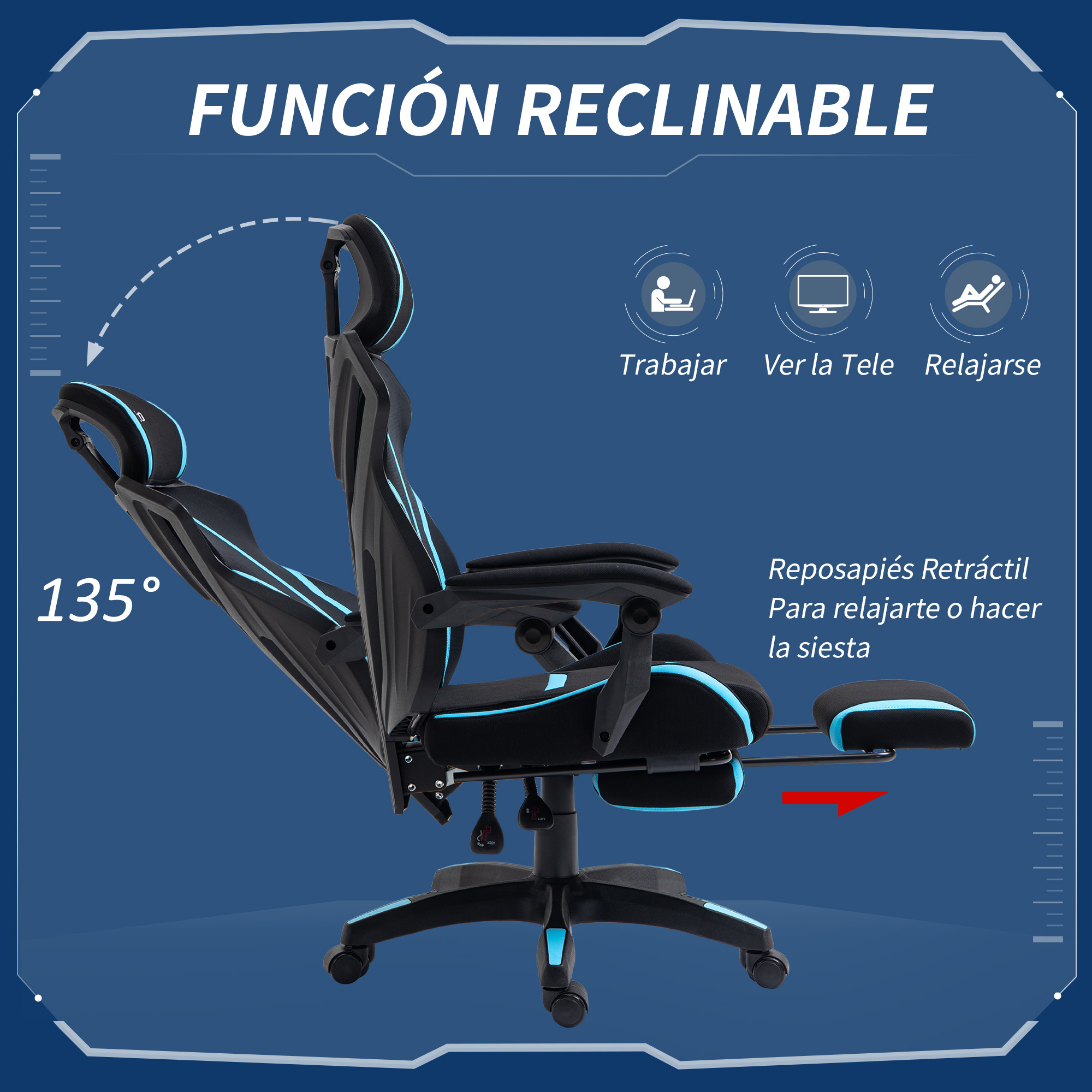 Silla gaming reclinable con detalles azules, reposapiés y reclinación de 135 grados.