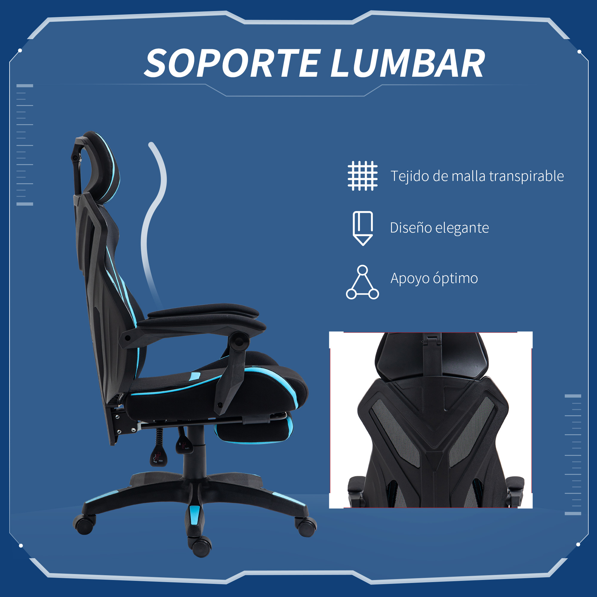 Silla de oficina negra y azul con respaldo de malla y fondo blanco, con la frase "Soporte Lumbar".
