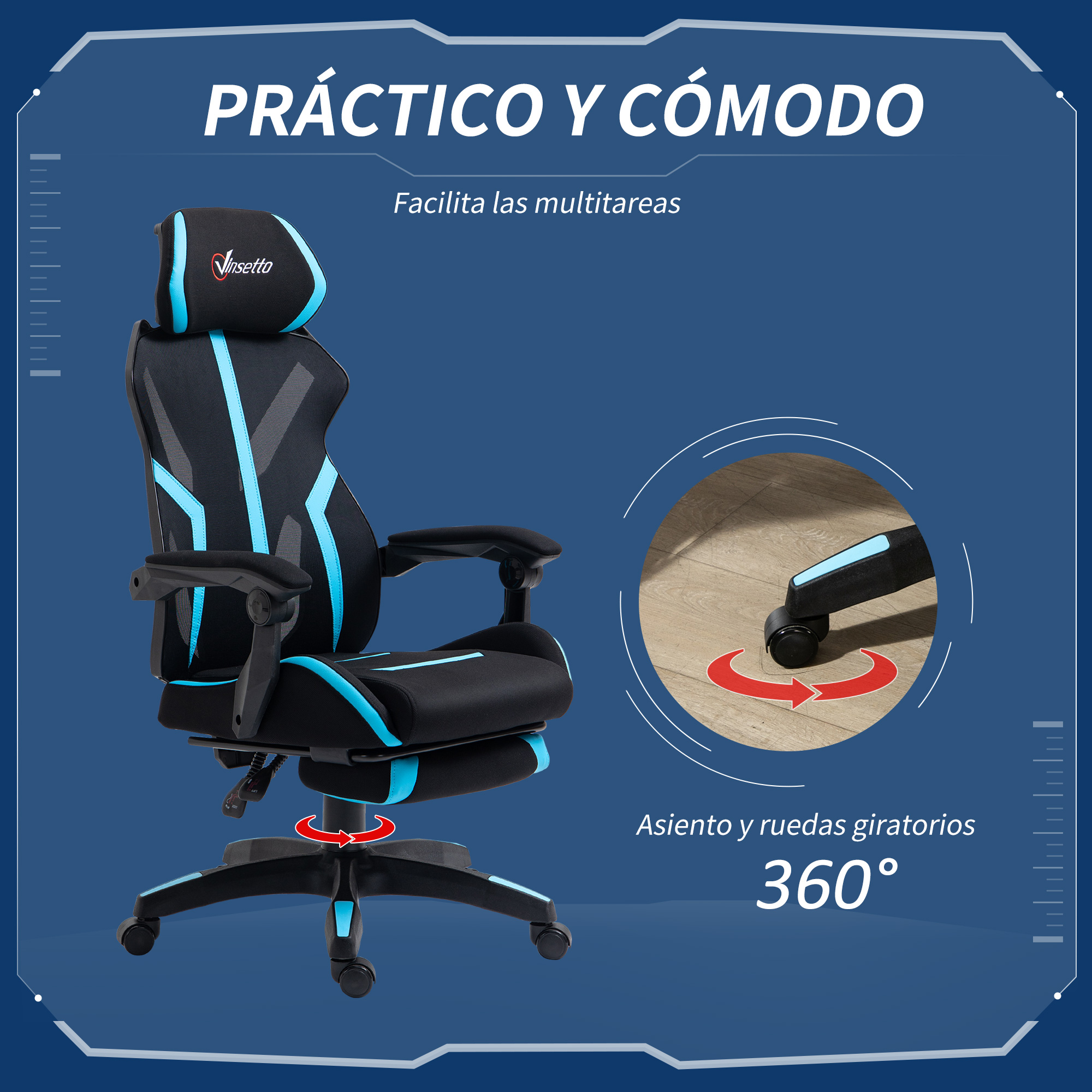 Una silla gaming negra y azul con texto 'Práctico y Cómodo' y 'Asiento y ruedas giratorios 360°'.