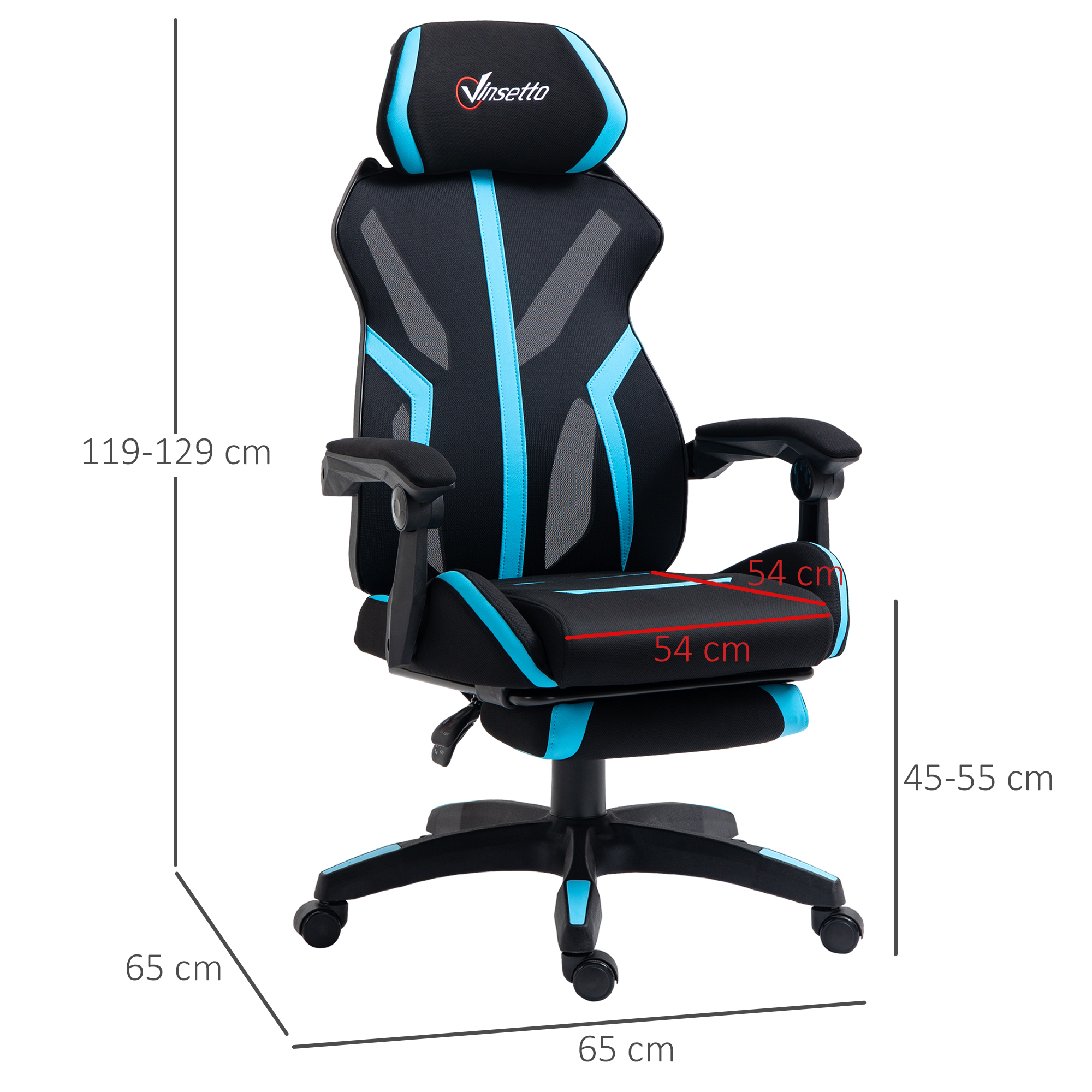 Silla gaming, negra con detalles azules y dimensiones mostradas. Tiene reposacabezas y reposabrazos.