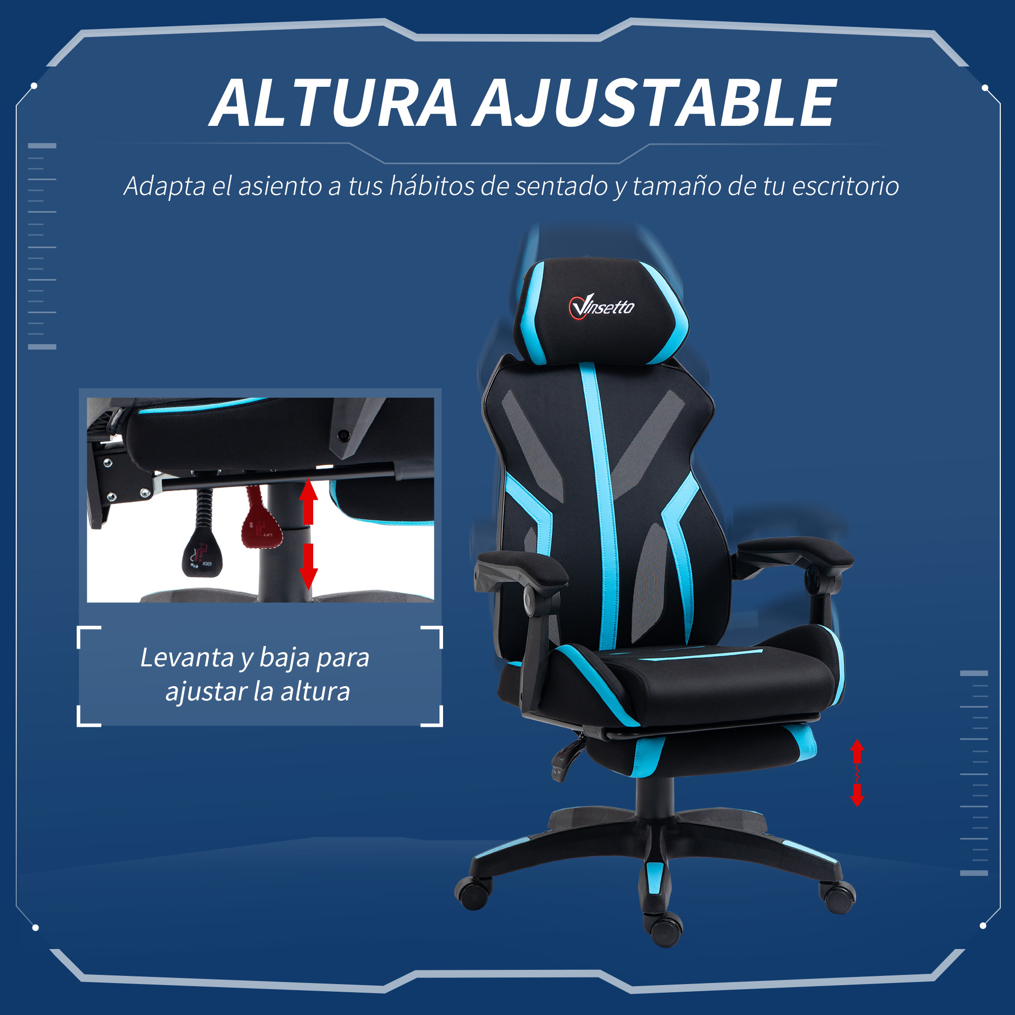 Una silla de oficina negra y azul con altura ajustable y reposacabezas.